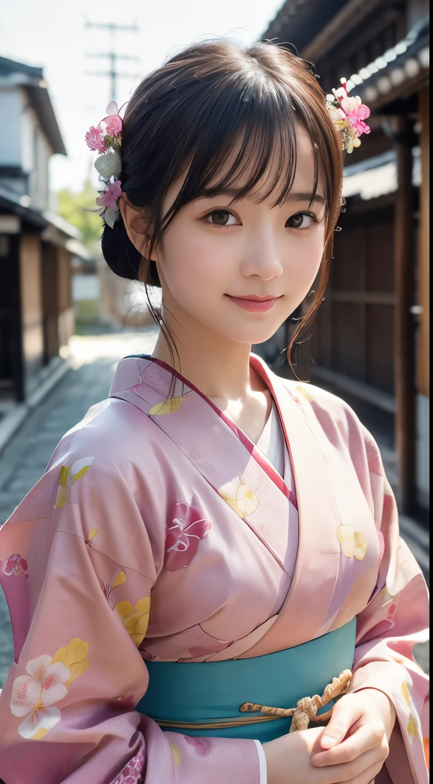 professional lighting,(Photoreal:1.4), (Top image quality:1.0), (超A high resolution:1.0), 8k, Raw photography, (masterpiece:0.2), (Pueros face_v1:0.5)、(最高quality Detail:1.2)、realistic、8k UHD、High resolution、(1 girl:1.2)、超detailedな、High quality textures、intricate details、detailed、Very detailed CG、High quality shadows、detailed 美しく繊細な顔、Beautiful details and delicate eyes、(symmetrical eyes:1.2),Depth of the bounds written、ray tracing,1 girl, japanese girl, (natural smile:1.4),cute, thin, Portrait of a beautiful Japanese woman wearing a kimono, Standing elegantly on a street corner in Kyoto. A kimono with bright traditional patterns, Hair decorated with an elegant and delicate hairpin, and a gentle expression. (Against the backdrop of the old streets of Kyoto:1.4)、soft light on a spring afternoon、adds tranquility to the scene. Rendered in a realistic style with great attention to detail, High resolutionの画像.sky porn, magic hour, (realistic:1.3), finely, quality, (table top:1.2), (realistic:1.2), (最高quality), (複雑なdetailed), dramatic, ray tracing, photograph, +roller