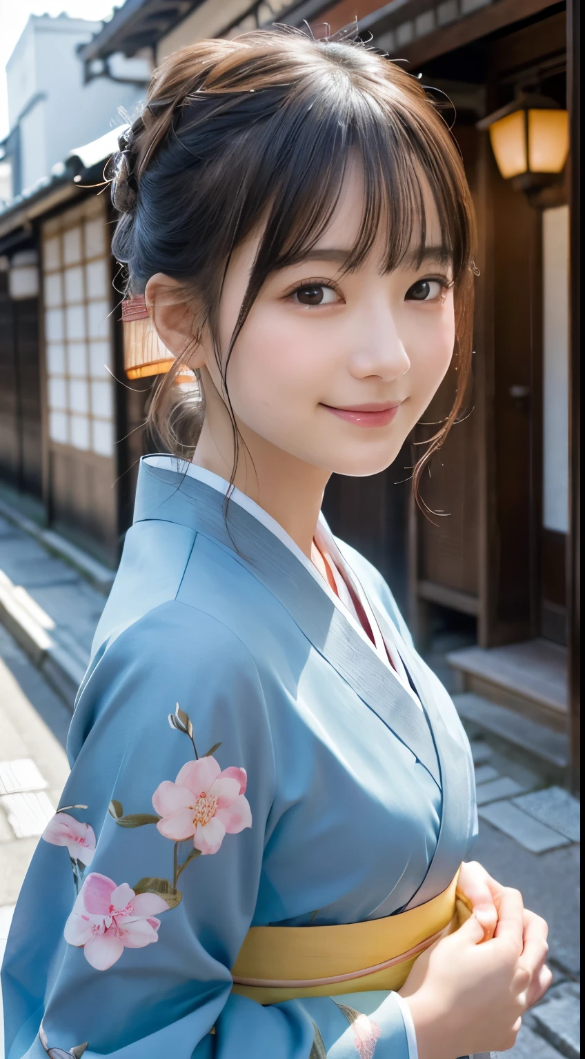 professional lighting,(Photoreal:1.4), (Top image quality:1.0), (超A high resolution:1.0), 8k, Raw photography, (masterpiece:0.2), (Pueros face_v1:0.5)、(最高quality Detail:1.2)、realistic、8k UHD、High resolution、(1 girl:1.2)、超detailedな、High quality textures、intricate details、detailed、Very detailed CG、High quality shadows、detailed 美しく繊細な顔、Beautiful details and delicate eyes、(symmetrical eyes:1.2),Depth of the bounds written、ray tracing,1 girl, japanese girl, (natural smile:1.4),cute, thin, Portrait of a beautiful Japanese woman wearing a kimono, Standing elegantly on a street corner in Kyoto. A kimono with bright traditional patterns, Hair decorated with an elegant and delicate hairpin, and a gentle expression. (Against the backdrop of the old streets of Kyoto:1.4)、soft light on a spring afternoon、adds tranquility to the scene. Rendered in a realistic style with great attention to detail, High resolutionの画像.sky porn, magic hour, (realistic:1.3), finely, quality, (table top:1.2), (realistic:1.2), (最高quality), (複雑なdetailed), dramatic, ray tracing, photograph, +roller