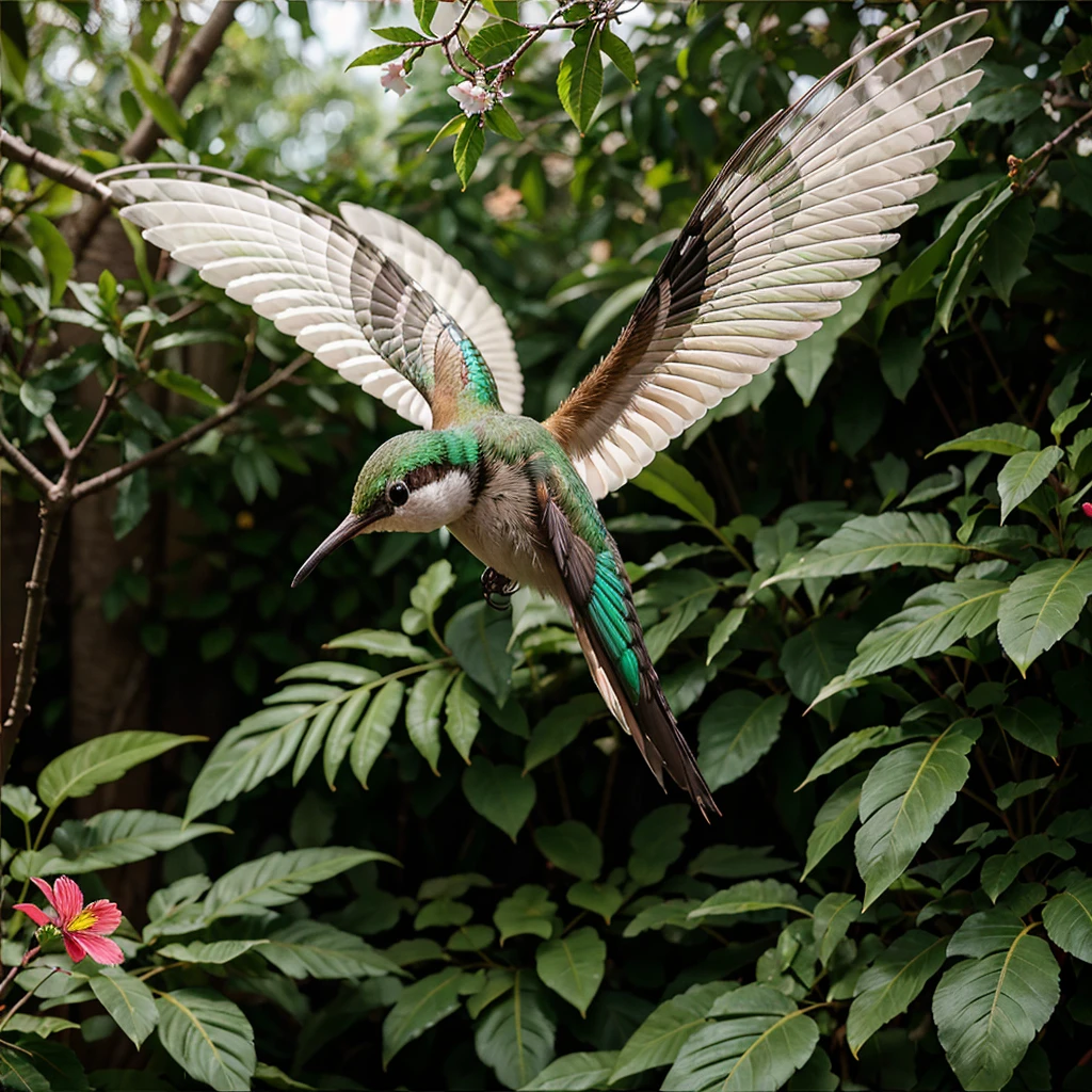 best quality,ultra-detailed,realistic,hummingbird,beautiful detailed feathers,vibrant colors,natural habitat,tropical flowers,hovering in mid-air,delicate wings,precise flight,nectar from flowers,breathtaking view,lush green foliage,bright sunlight,feeding on sweet nectar,evoking a sense of wonder,graceful movements,iridescent plumage,sharp beak,hummingbird in flight,small but powerful,creature of nature,speed and agility,transfixed in awe,buzzing wings,nectar drinkers,swift and graceful,quick darting movements,effortlessly hovers,mesmerizing sight,flits from flower to flower,strong and acrobatic,grace in motion,frequent visits to feeders,colorful and magical,airy fairy,miniature marvel,fluttering wings,darting through branches,playful and lively,exquisite jewel of the sky,feathered gem,sparkling iridescence in the sunlight,delicate balance,impressive speed and maneuverability,master of flight,continuous motion,stunning little bird.