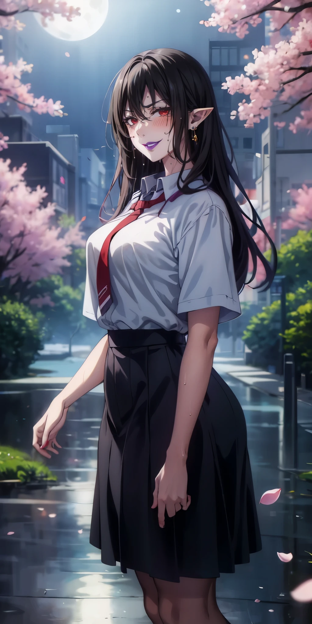 red eyes, pointy ears, long black hair, purple lipstick, makeup, pale skin, anatomically correct, , epic art, fantasy, 1girl, cherry_blossoms, moon, long_hair, solo, petals, full_moon, earrings, tree, jewelry, looking_at_viewer, night, standing, skirt, outdoors, breasts, lips, sky, purple_hair, shirt, flower, sobu high school uniforms, huge breasts, hollow eyes, facing viewer, smirk, upper teeth, purple lips, red eyes, blush, sweating, wet, looking at viewer,