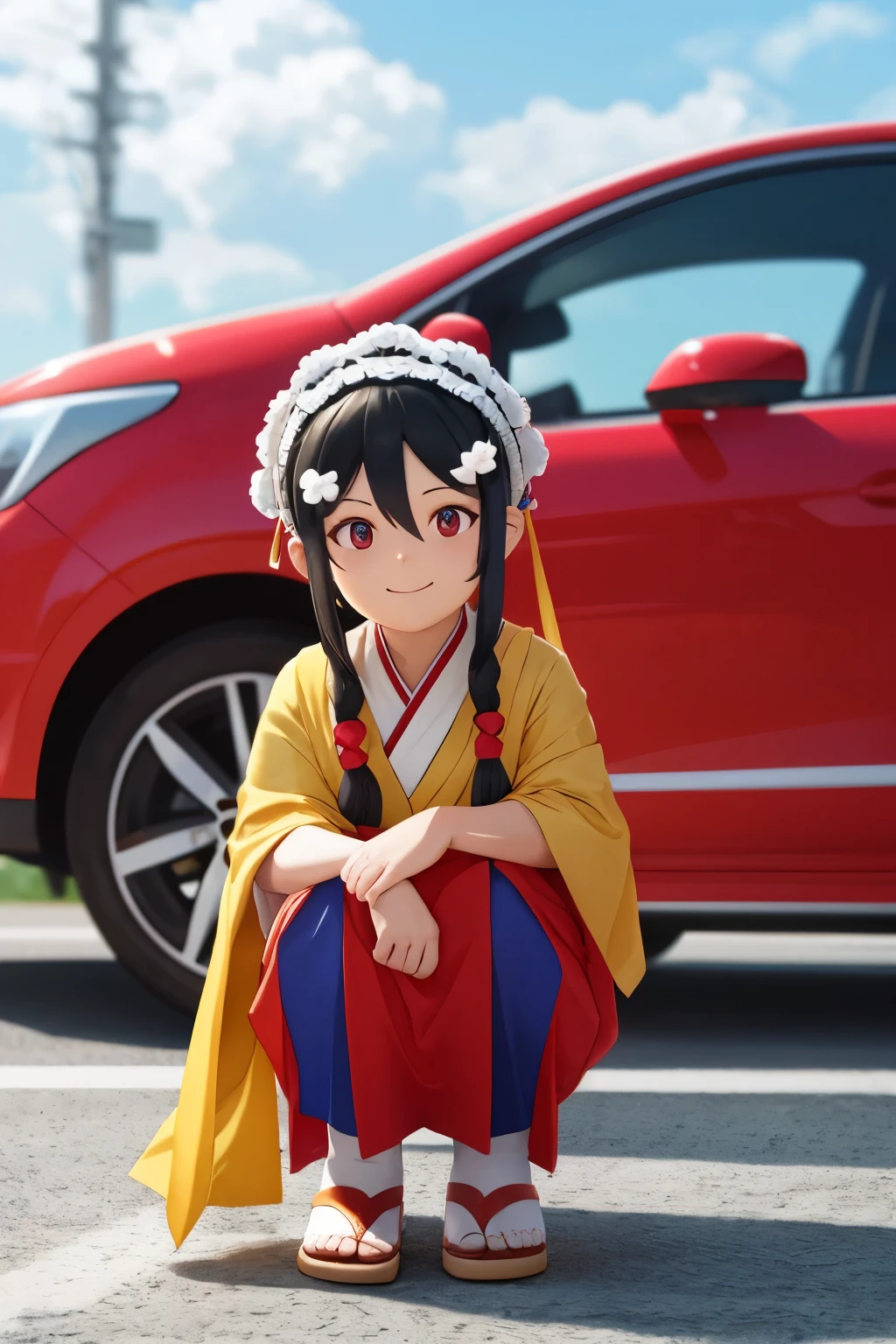 Octane Render、(Hyper-detailing: 1.15)、(Soft light、sharp: 1.2)、morning、 posing in front of colorful EV in parking lot near beach, Traditional costumes、Distinctive ethnic hair ornaments、Characteristic ethnic shoes、 Fuji Film, F/4.0, masutepiece, Anatomically correct、A smile, radiant light