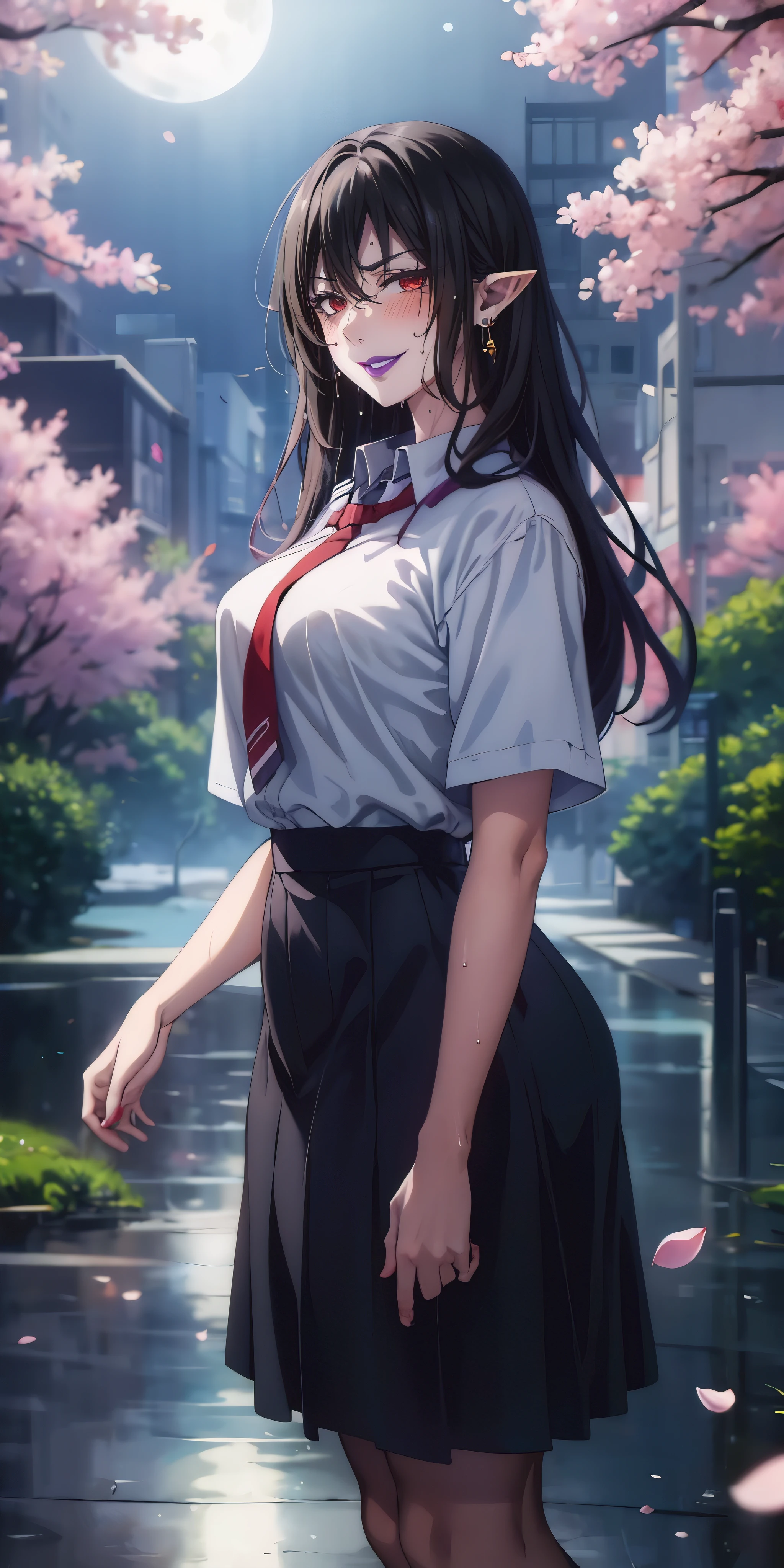 red eyes, pointy ears, long black hair, purple lipstick, makeup, pale skin, anatomically correct, , epic art, fantasy, 1girl, cherry_blossoms, moon, long_hair, solo, petals, full_moon, earrings, tree, jewelry, looking_at_viewer, night, standing, skirt, outdoors, breasts, lips, sky, purple_hair, shirt, flower, sobu high school uniforms, huge breasts, hollow eyes, facing viewer, smirk, upper teeth, purple lips, red eyes, blush, sweating, wet, looking at viewer,