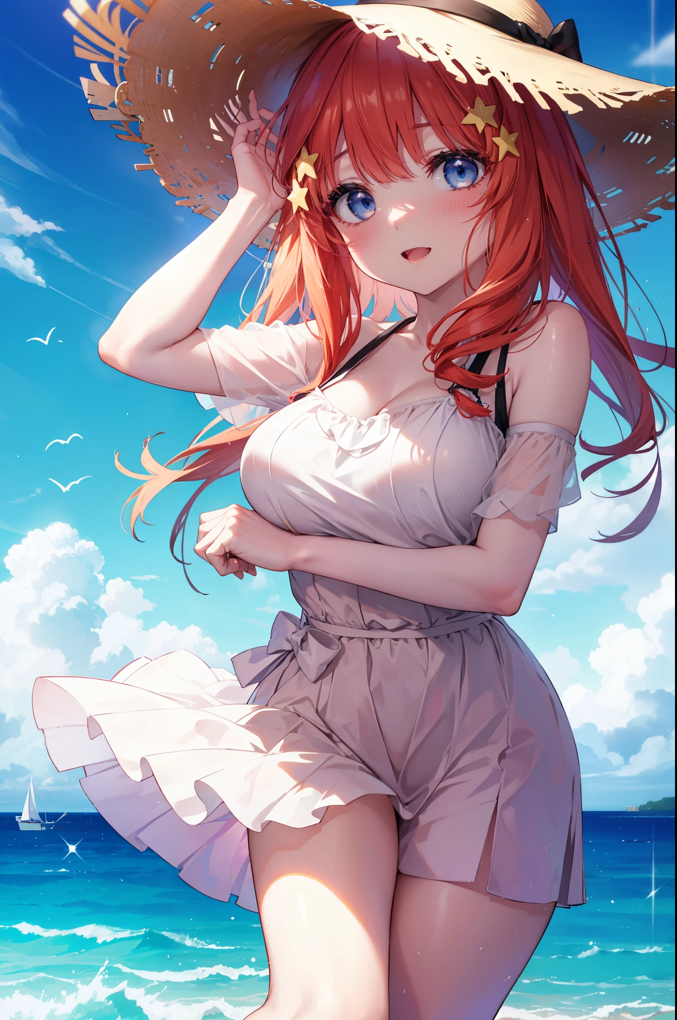 itsukinakano, Itsuki Nakano, bangs, blue eyes, hair between eyes, Ahoge, redhead, star \(symbol\), hair ornaments, star hair ornaments,blush,smiling straw hat,short braided hair,赤色salon水着,(beach salon), big breasts, barefoot,((salon)), beach outfit,  (Laughter:1.1), (open your mouth:1.1), (wide open eyes:1.2), glare of the sun, Bokeh, written boundary depth, blurred background, particles of light, strong wind, (heart particles:1.1),Palm tree,
break outdoors, sandy beach,beach,
break (masterpiece:1.2), highest quality, High resolution, unity 8k wallpaper, (shape:0.8), (fine and beautiful eyes:1.6), highly detailed face, perfect lighting, Very detailed CG, (perfect hands, perfect anatomy),