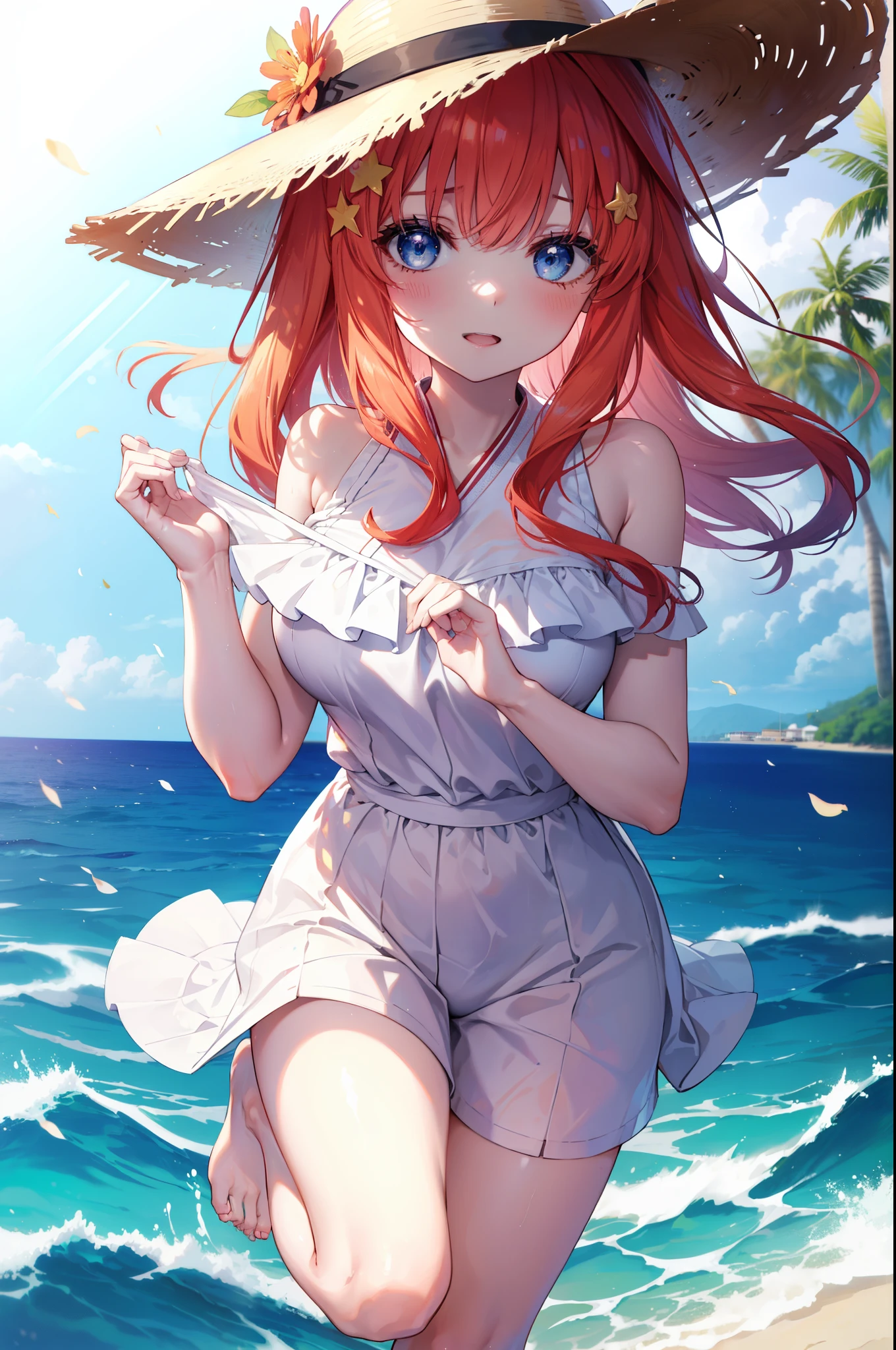 itsukinakano, Itsuki Nakano, bangs, blue eyes, hair between eyes, Ahoge, redhead, star \(symbol\), hair ornaments, star hair ornaments,blush,smiling straw hat,short braided hair,赤色salon水着,(beach salon), big breasts, barefoot,((salon)), beach outfit,  (Laughter:1.1), (open your mouth:1.1), (wide open eyes:1.2), glare of the sun, Bokeh, written boundary depth, blurred background, particles of light, strong wind, (heart particles:1.1),Palm tree,
break outdoors, sandy beach,beach,
break (masterpiece:1.2), highest quality, High resolution, unity 8k wallpaper, (shape:0.8), (fine and beautiful eyes:1.6), highly detailed face, perfect lighting, Very detailed CG, (perfect hands, perfect anatomy),