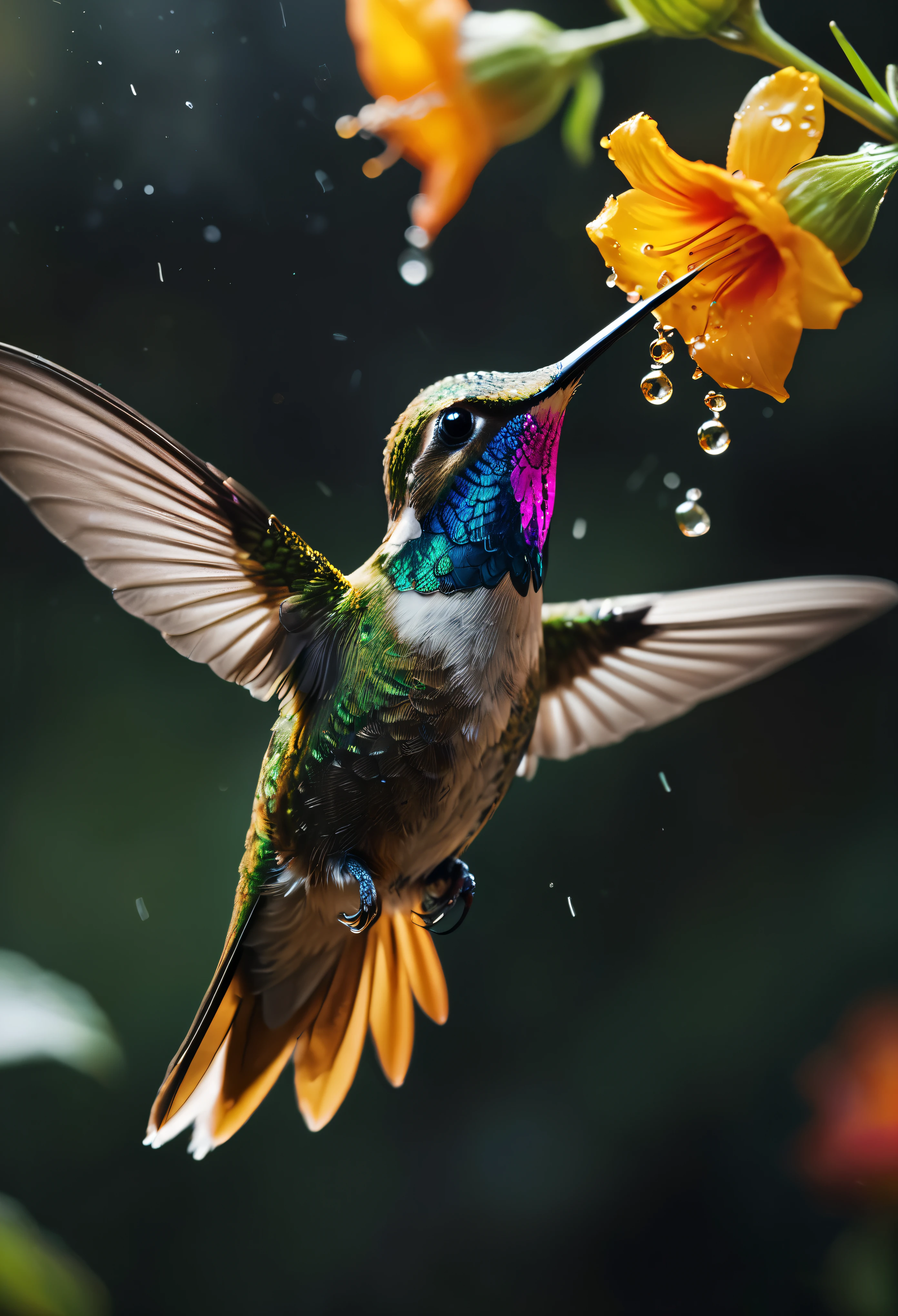 ((Masterpiece in maximum 16K resolution):1.6),((soft_color_photograpy:)1.5), ((Ultra-Detailed):1.4),((Movie-like still images and dynamic angles):1.3), ((motion blur):1.2) | (Macro shot cinematic photo of a Exotic Hummingbird at a flower), (hummingbird wrist flick), (macro lens), (pollen), (dewdrops), (shimmer), (visual experience) ,(Realism), (Realistic),award-winning graphics, dark shot, film grain, extremely detailed, Digital Art, rtx, Unreal Engine, scene concept anti glare effect, All captured with sharp focus.