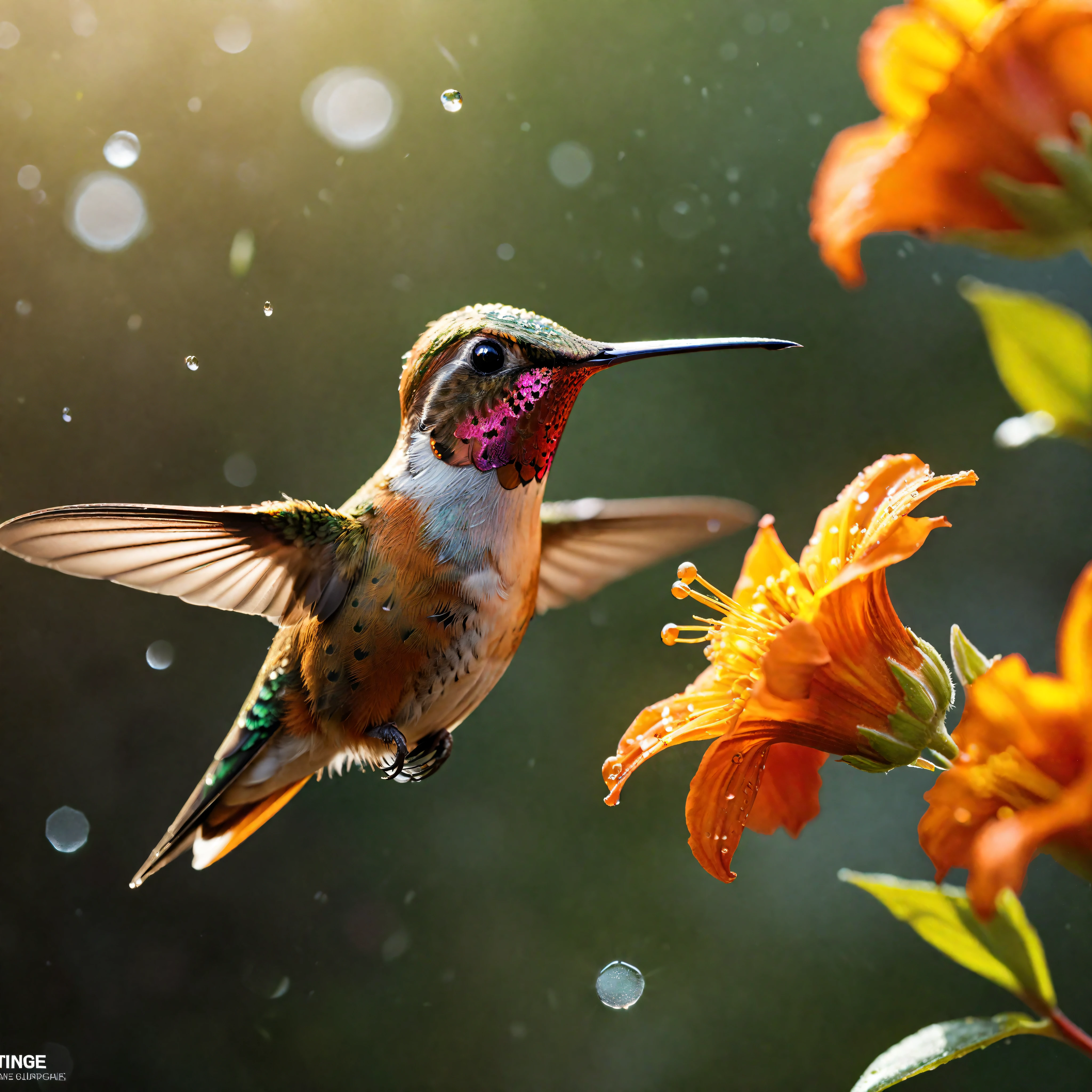 ((Masterpiece in maximum 16K resolution):1.6),((soft_color_photograpy:)1.5), ((Ultra-Detailed):1.4),((Movie-like still images and dynamic angles):1.3),| (Macro shot cinematic photo of a Rufous Hummingbird at a flower), (macro lens), (pollen), (dewdrops), (shimmer), (visual experience) ,(Realism), (Realistic),award-winning graphics, dark shot, film grain, extremely detailed, Digital Art, rtx, Unreal Engine, scene concept anti glare effect, All captured with sharp focus.