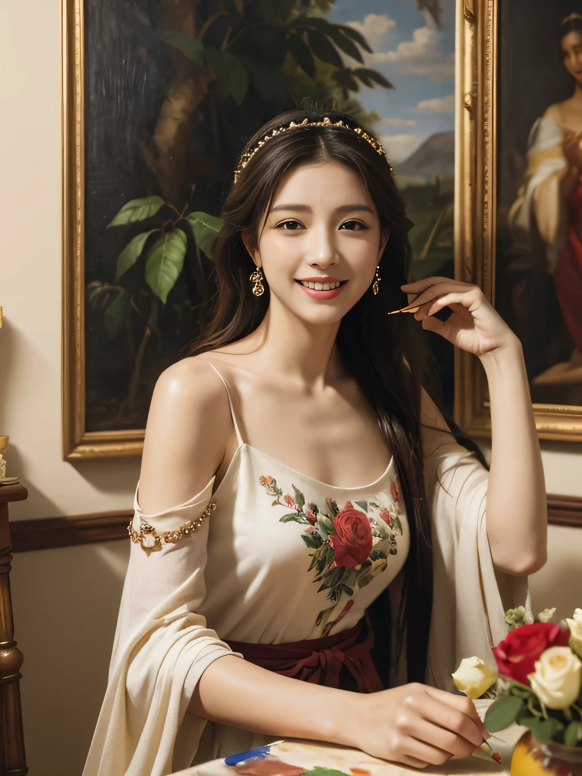 Giorgione painting style,roses in vase、fruits、Cute trinkets、smile、ancient greek costume、Clothes that stretch your shoulders、A big smile、beautiful bare skin,Female painter painting oil in her studio,Woman painting in oil with oil brush and palette