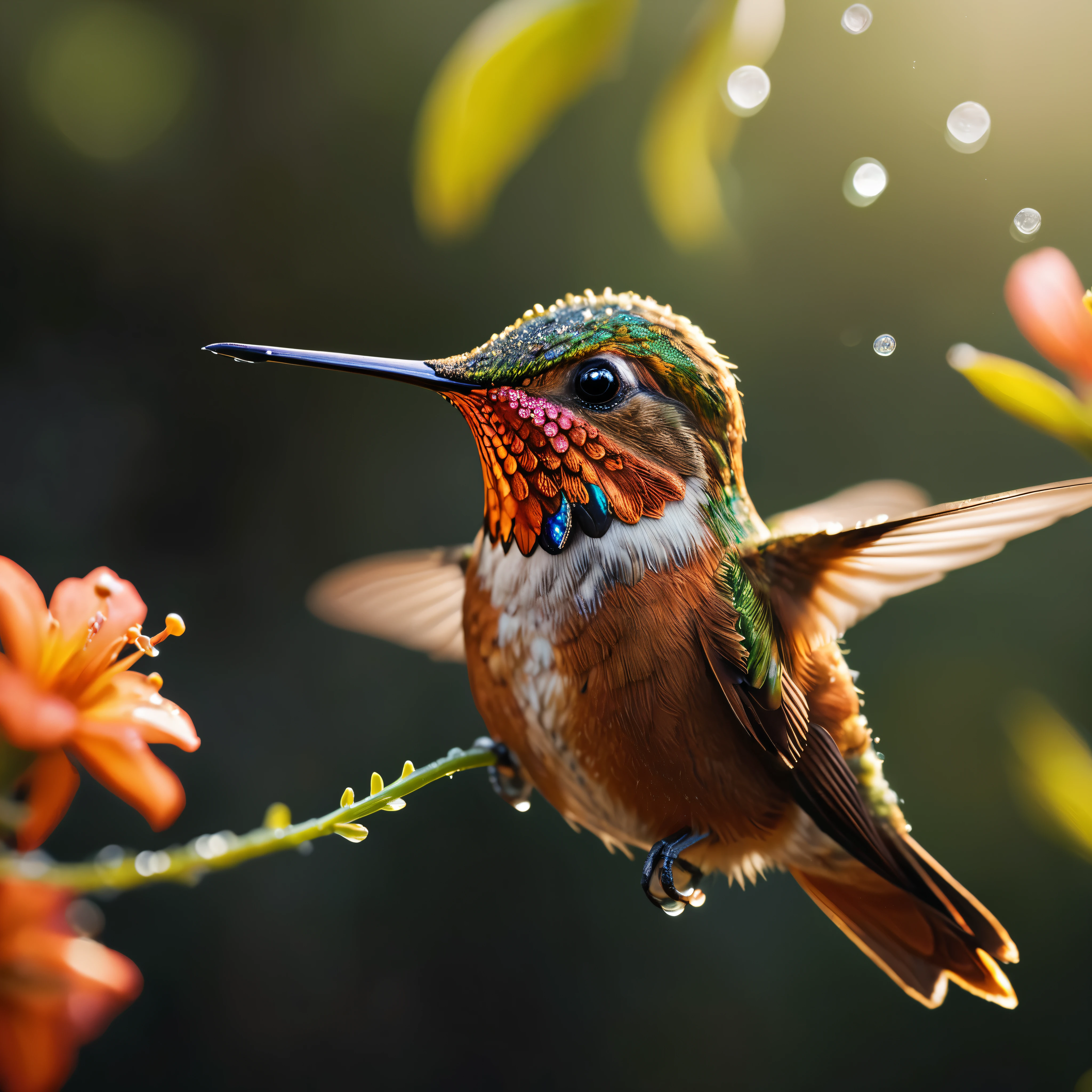 ((Masterpiece in maximum 16K resolution):1.6),((soft_color_photograpy:)1.5), ((Ultra-Detailed):1.4),((Movie-like still images and dynamic angles):1.3),| (Macro shot cinematic photo of a Rufous Hummingbird at a flower), (macro lens), (pollen), (dewdrops), (shimmer), (visual experience) ,(Realism), (Realistic),award-winning graphics, dark shot, film grain, extremely detailed, Digital Art, rtx, Unreal Engine, scene concept anti glare effect, All captured with sharp focus.