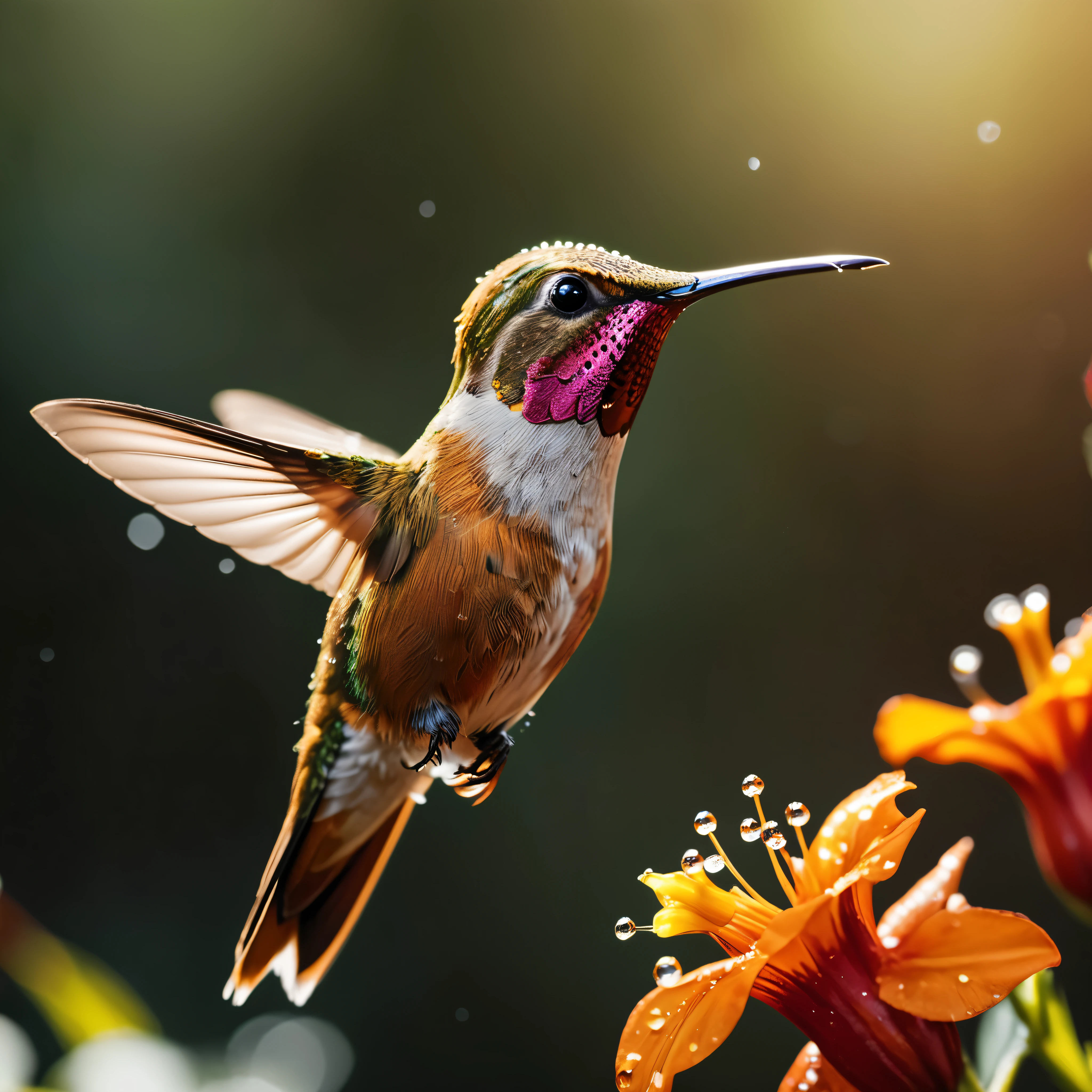 ((Masterpiece in maximum 16K resolution):1.6),((soft_color_photograpy:)1.5), ((Ultra-Detailed):1.4),((Movie-like still images and dynamic angles):1.3),| (Macro shot cinematic photo of a Rufous Hummingbird at a flower), (macro lens), (pollen), (dewdrops), (shimmer), (visual experience) ,(Realism), (Realistic),award-winning graphics, dark shot, film grain, extremely detailed, Digital Art, rtx, Unreal Engine, scene concept anti glare effect, All captured with sharp focus.