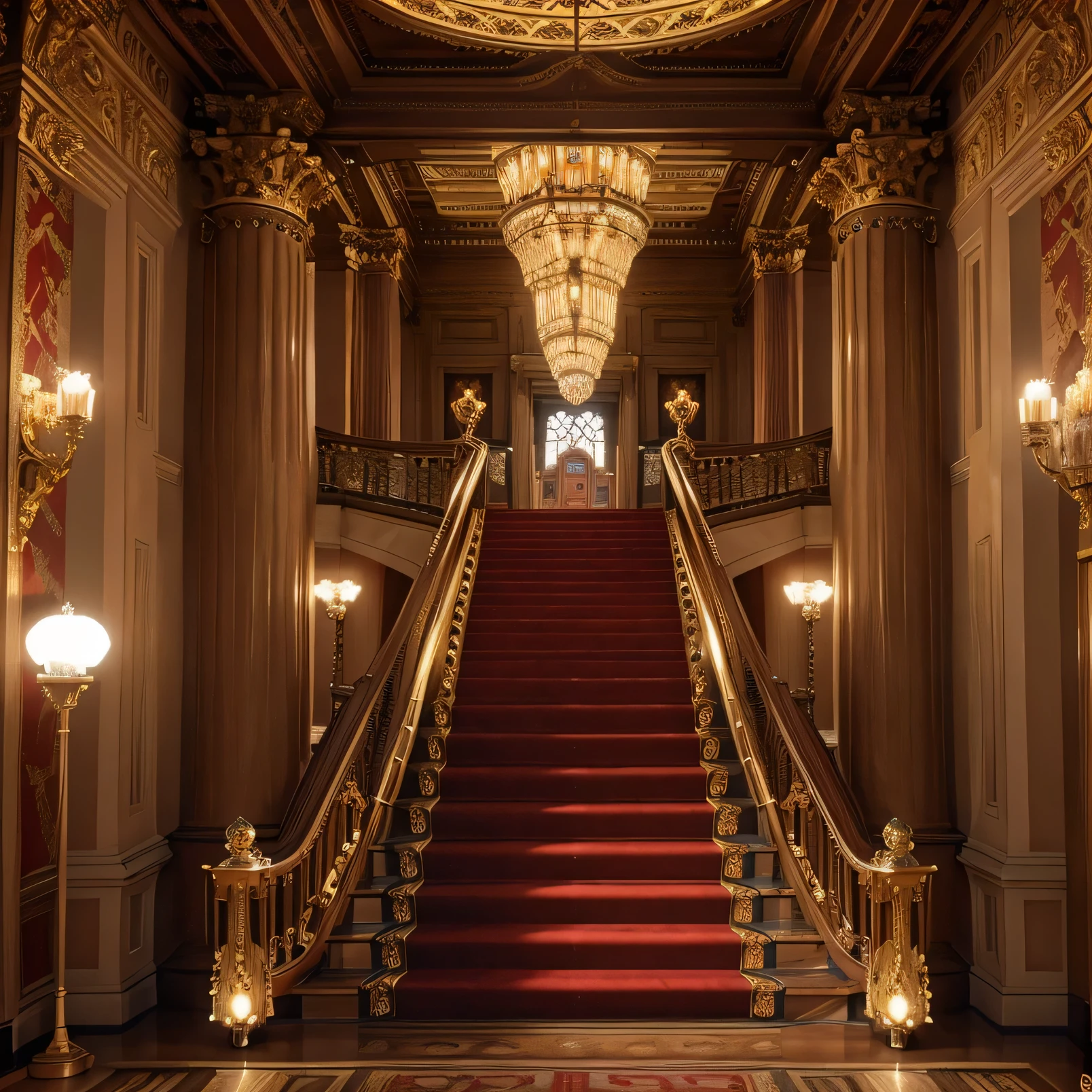 Generate a panoramic highly detailed image of the Grand Staircase in Buckingham Palace, showcasing the intricate ironwork, the lavish red carpet, and the portraits lining the walls. The lighting should be warm and inviting, highlighting the golden accents and the craftsmanship of the balustrades.