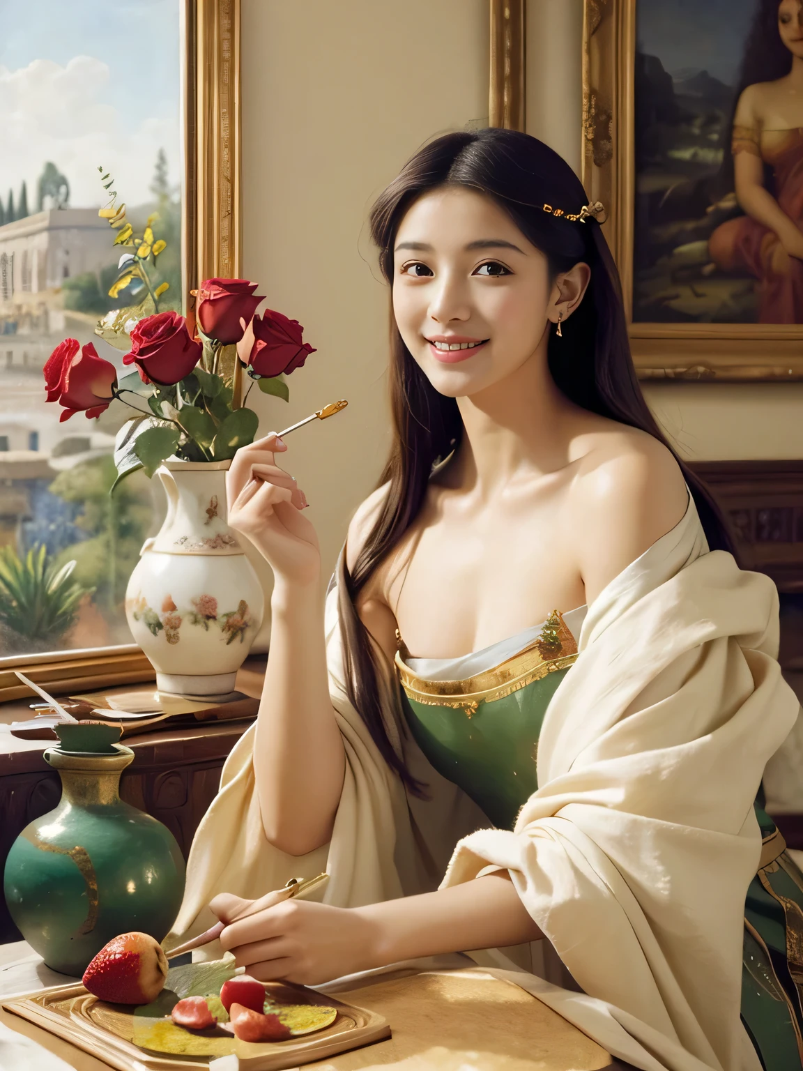 Giorgione painting style,roses in vase、fruits、Cute trinkets、smile、ancient greek costume、Clothes that stretch your shoulders、A big smile、beautiful bare skin,Female painter painting oil in her studio,Woman painting in oil with oil brush and palette