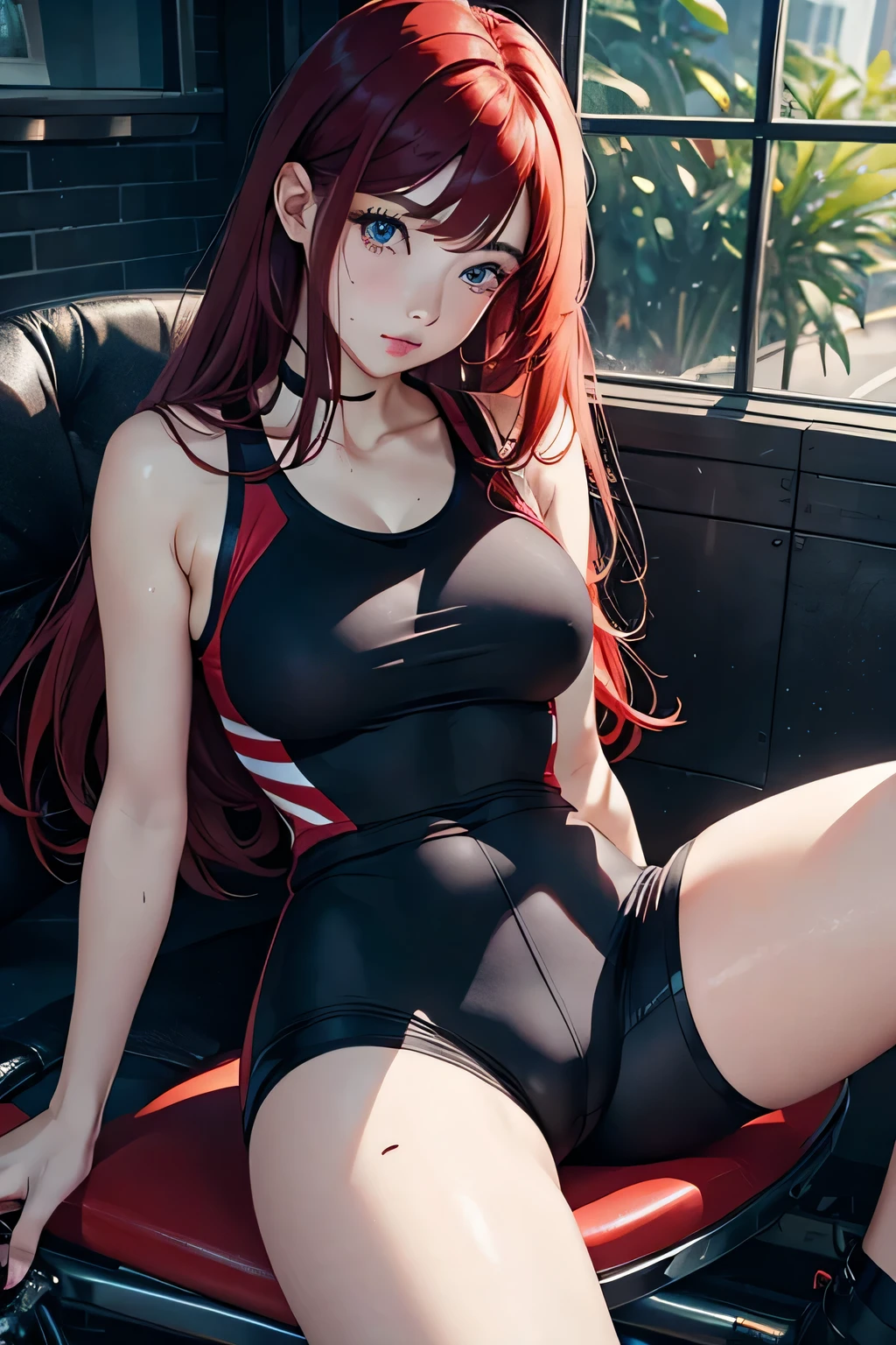 sit down and spread your legs、Emphasis on the crotch、actual、Super high chroma、8k、Long red hair(((30 year old woman)))、((((She is wearing black bike shorts。))))、cyclist、big breasts、Thick thighs、Pay attention to muscle development。pretty face, Highly detailed face and skin textures,(Eyes have small wrinkles, double eyelids, thin eyebrows, glitter eyeliner: 1.2, natural cheeks, skin shiny, White skin,, (glossy lips: 1. 4),Sweating 1.0、(((vitality)))