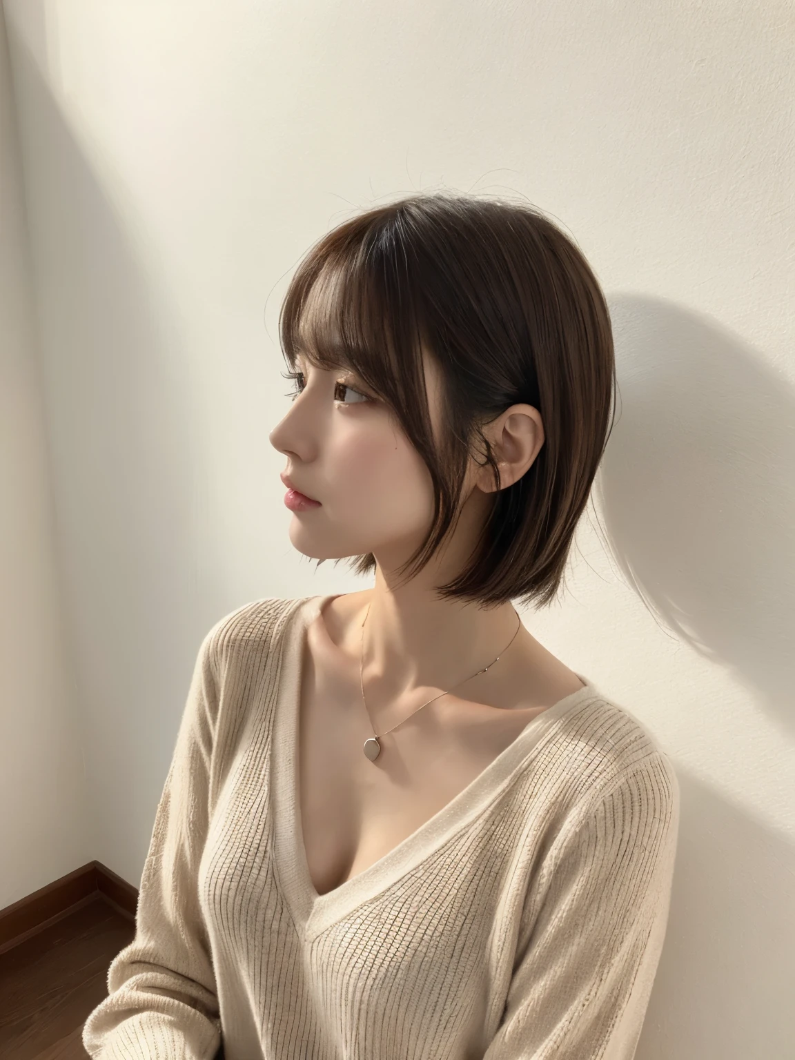 (Highly realistic photos, High resolution, detailed face, fine eyes), ((Taken in front of a white wall))、japanese woman, 40 years old, various expressions, alone:1, slim figure, different hairstyles, casual clothes, Only one person appears in the photo、long sleeve dress、Photographed in natural light、simple necklace、spring clothes、don't look at the camera、profile、dark brown hair color、bob hair、Hands are not visible、Photographed indoors、warm fluorescent lights