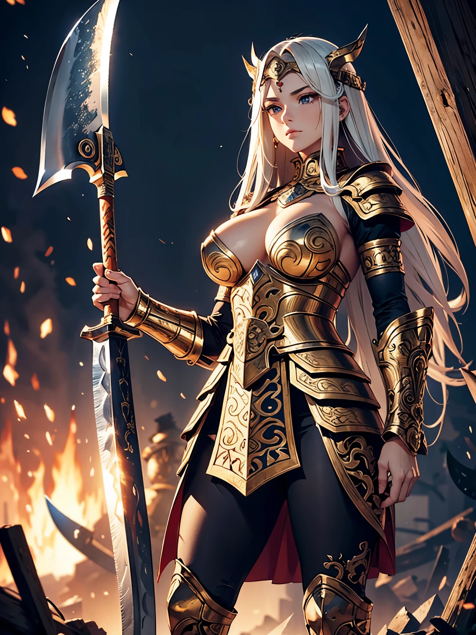 ((highest quality)),(ultra high resolution),(Super detailed),(detailed description),((best CG)),(best work of art),super precision art,amazing drawing art,(Art with precise details:1.5), (female war god:1.6),(beautiful trained body:1.5),angry face:1.7,(Intricately detailed carved armor:1.6,riveting:1.2),(Standing quietly with a huge ax:1.6), bonfire:1.7