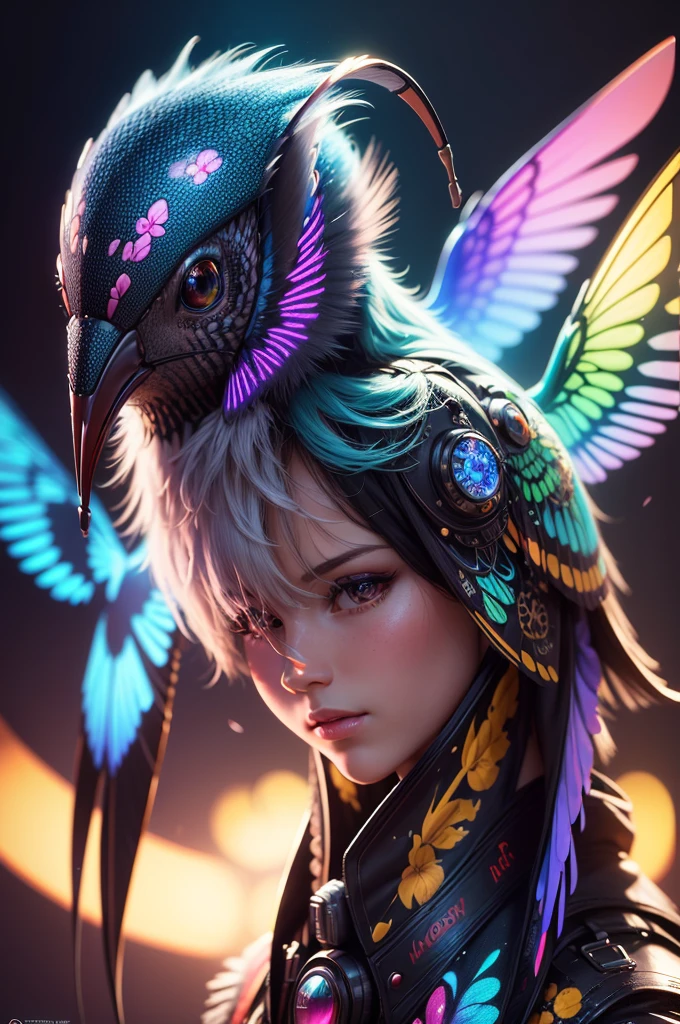 (best quality,highres,ultra-detailed),(realistic,photorealistic:1.37),mechanical hummingbird,plasma-sipping,fantastical,vivid colors,portraits,fluorescent flowers,light source,bokeh,surreal lighting,masterpiece:1.2