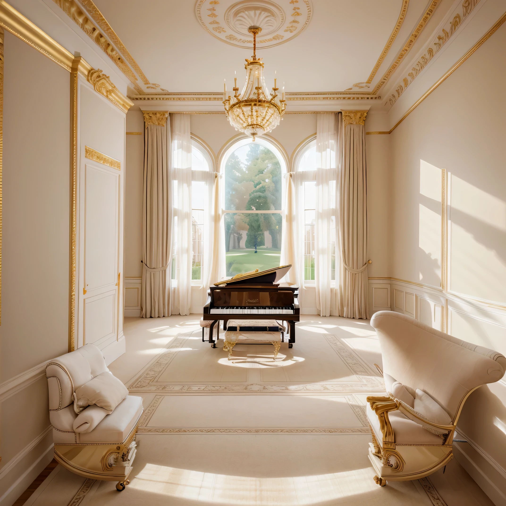 Visualize the White Drawing Room in Buckingham Palace, focusing on the luxurious furnishings, ornate mirrors, and sumptuous fabrics. The room should be bathed in natural light filtering through the windows, highlighting the gold accents and the grand piano in a corner, with a few members of the royal family engaged in a casual conversation.