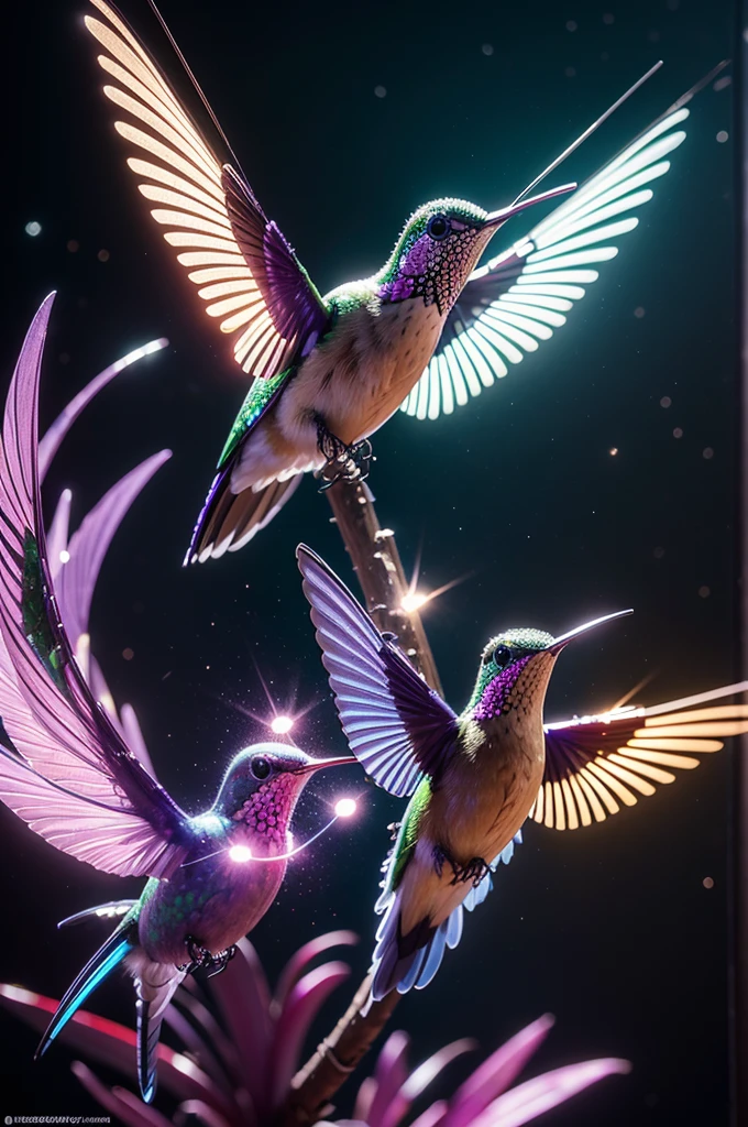 (best quality,highres,ultra-detailed),(realistic,photorealistic:1.37),mechanical hummingbird,plasma-sipping,fantastical,vivid colors,portraits,fluorescent flowers,light source,bokeh,surreal lighting,masterpiece:1.2