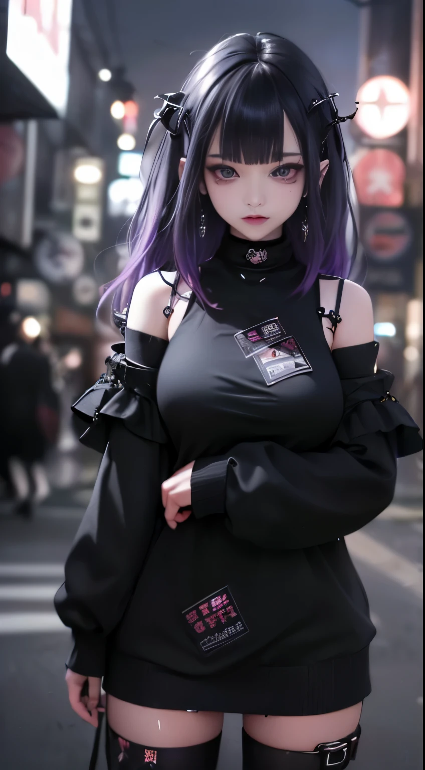 4K - ultra-vivid、highest quality, masterpiece, ultra high resolution, (reality: 1.4),  16 year old girl, purple eyes, Off-the-shoulder sweater dresses, cinematic lighting、purple and black hair、(Mine Girl、goth makeup、my makeup)、(earrings、big breasts、Oversized black T-shirt with open shoulders、Dark mini skirt)、((dark makeup、oil skin,glowing skin、realistic skin texture、fine and beautiful skin、shiny skin)), nightの暗い繁華街、night、blue film photography、kabukicho、Dark Cyberpunk、(full shot:1.8)、thin legs、thin arms、thin shoulders、thin waist、slender body、big breasts、whole body、(JAV cover: 1.8)