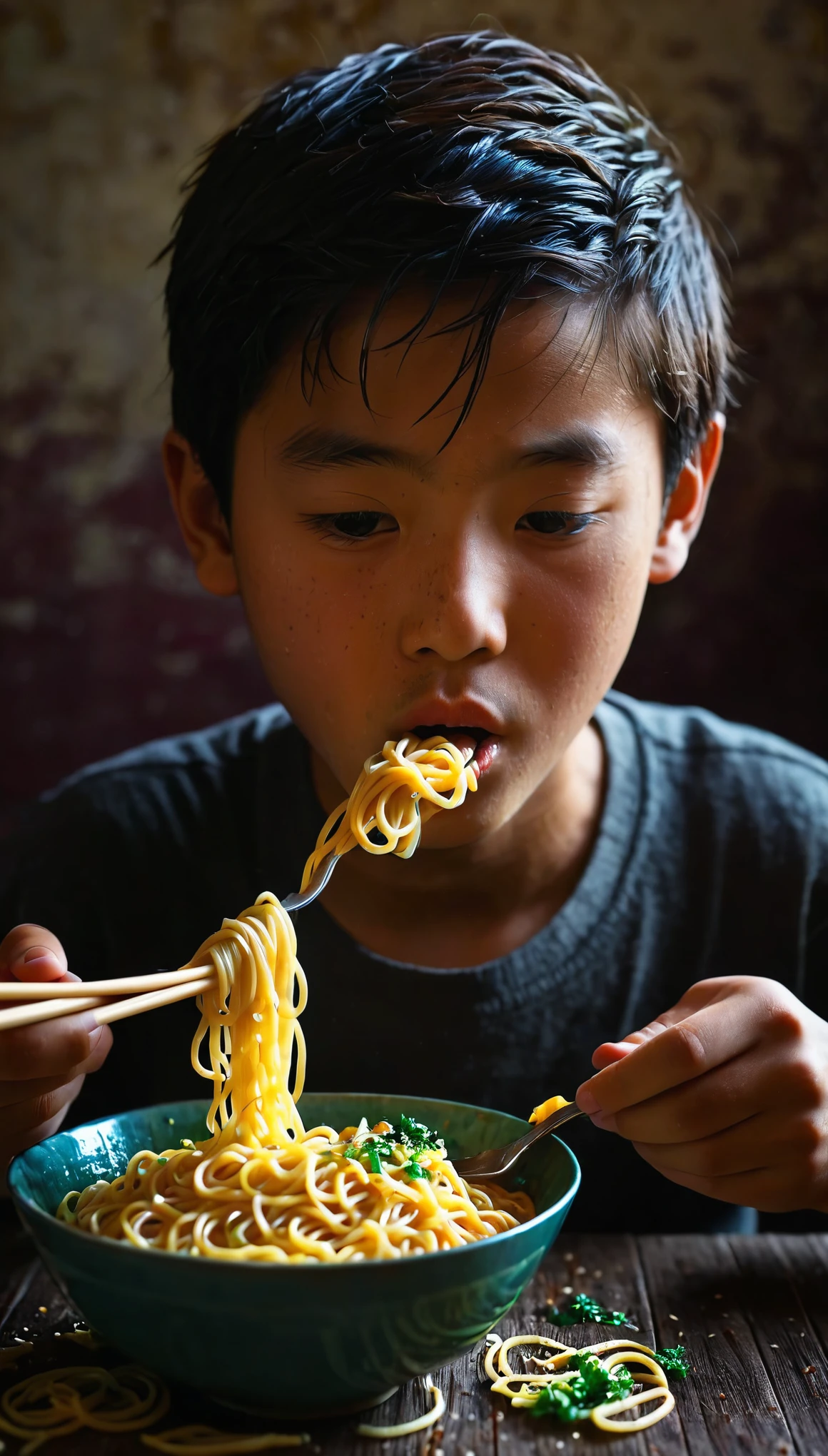 
a boy is eating noodles, it looks very delicious, sharp focus, highly detailed, cinematic atmosphere, dynamic background, fine composition, vivid colors, elegant, intricate, confident, complex, hopeful, unique, epic, enhanced, glowing, shiny, rich deep color, best, light, novel, romantic, beautiful, symmetry, illuminated, strong, glorious, artistic, winning
