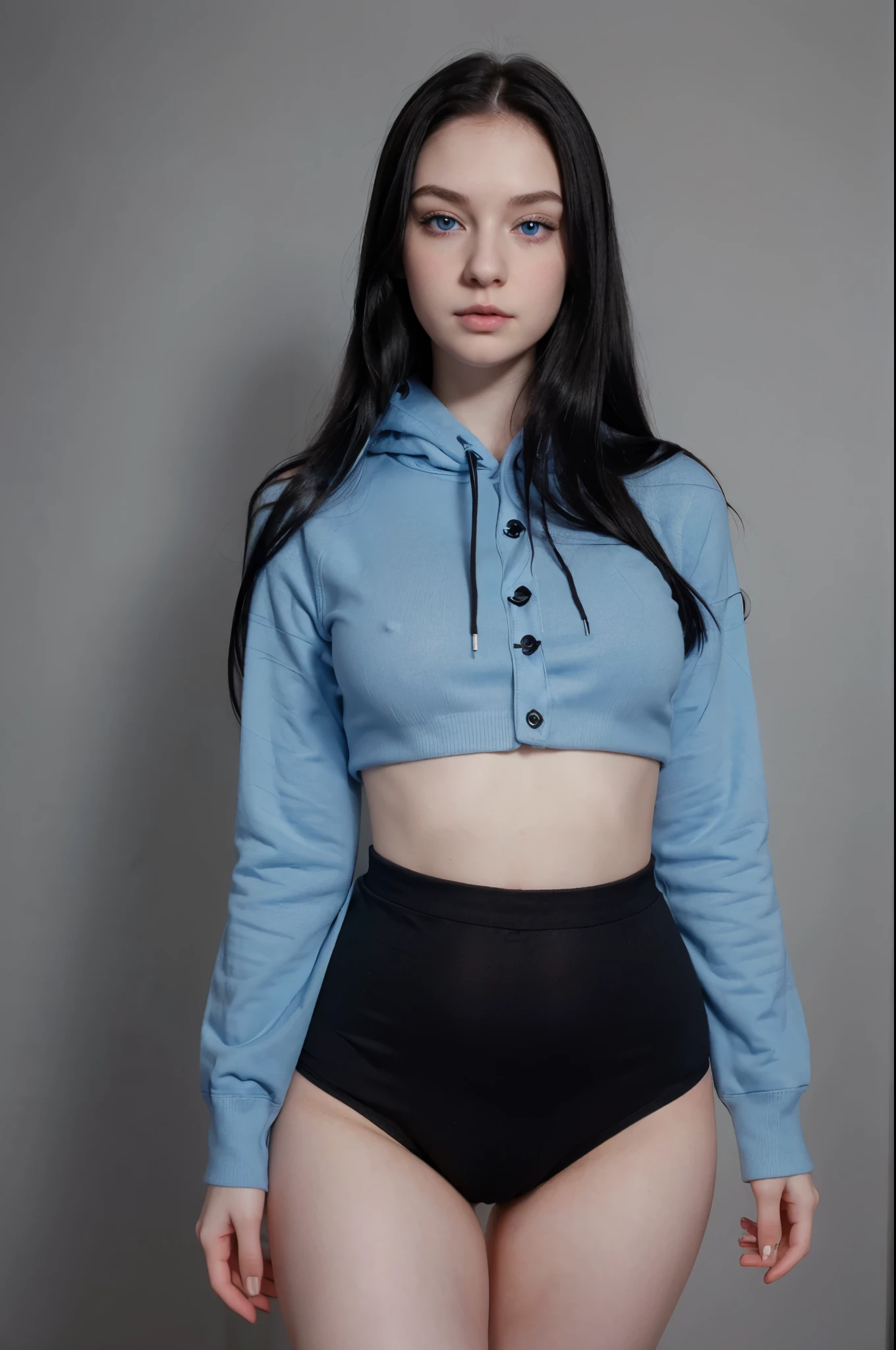 big sapphire blue eyes, and long black hair. pale skin and your cute small button nose and thick soft lips and small yet perfectly shaped facial features... cute and figure. long, curvy legs and frame. your small and thin waist..wearing black hoodie