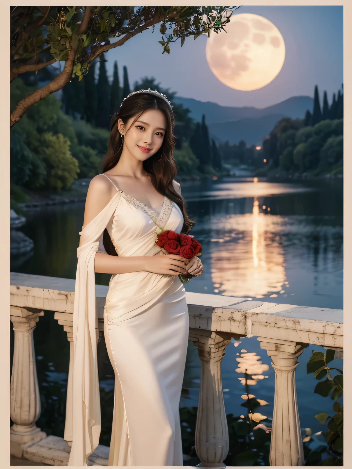 Female singer holding sheet music in both hands,Giorgione painting style,roses in vase、fruits、Cute trinkets、smile、ancient greek costume、Background is a forest lake at night 、Clothes that stretch your shoulders、A big smile、beautiful bare skin,moonlight