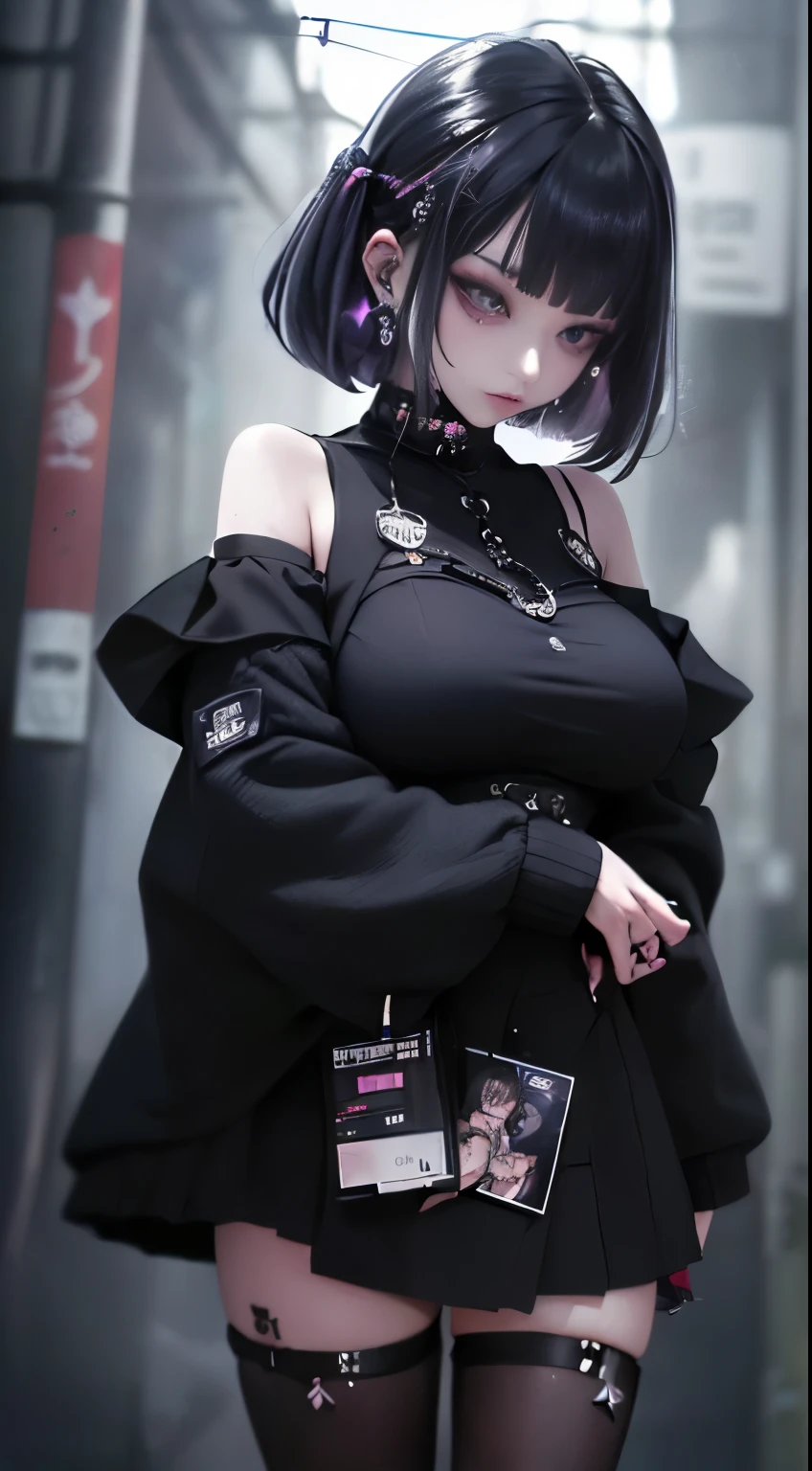 4K - ultra-vivid、highest quality, masterpiece, ultra high resolution, (reality: 1.4),   girl, purple eyes, Off-the-shoulder sweater dresses, cinematic lighting、purple and black hair、(Mine Girl、goth makeup、my makeup)、(earrings、big breasts、Oversized black T-shirt with open shoulders、Dark mini skirt)、((dark makeup、oil skin,glowing skin、realistic skin texture、fine and beautiful skin、shiny skin)), nightの暗い繁華街、night、blue film photography、kabukicho、Dark Cyberpunk、(full shot:1.8)、thin legs、thin arms、thin shoulders、thin waist、slender body、big breasts、whole body、(JAV cover: 1.8)