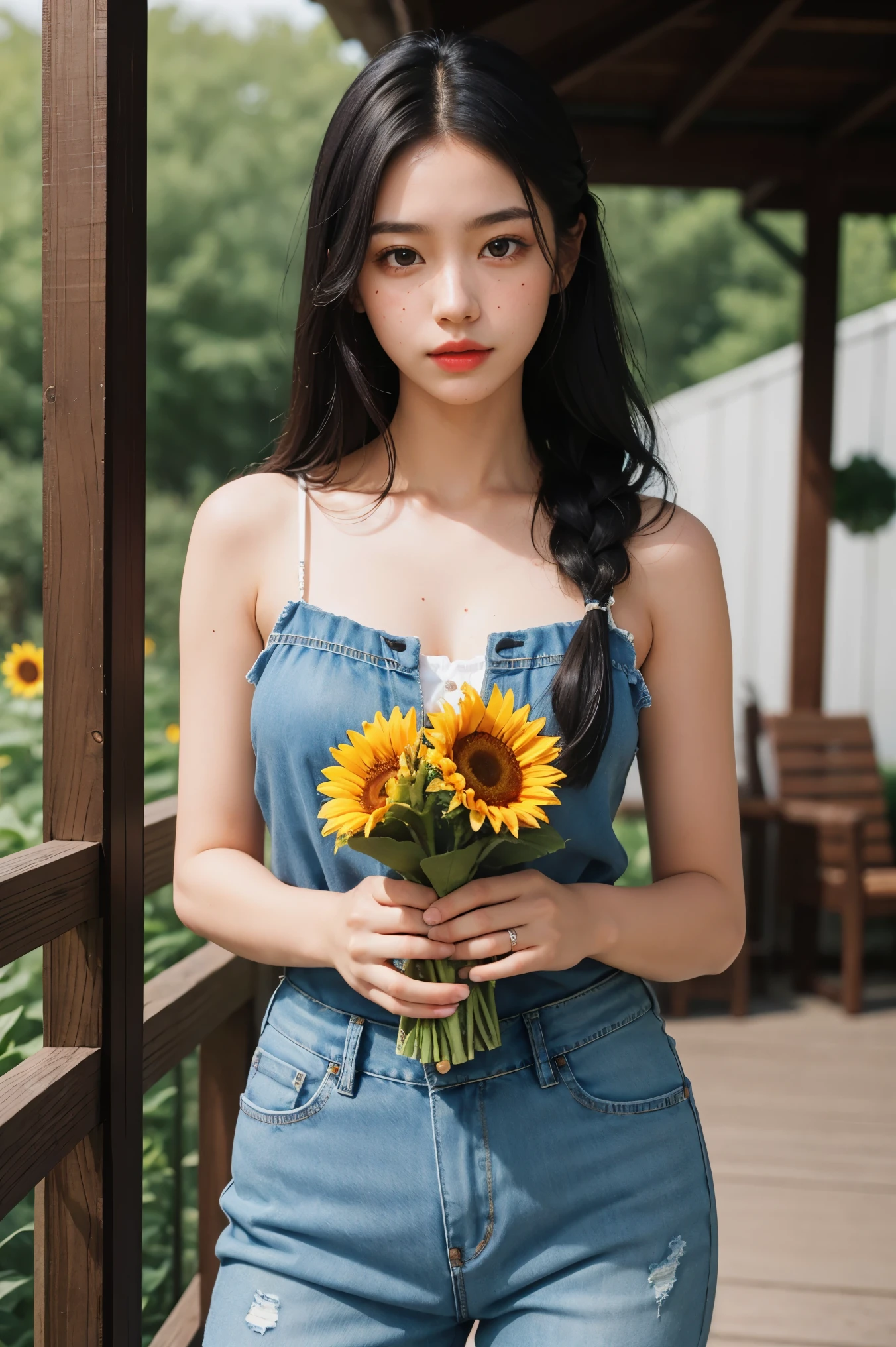 1girl, solo, flower, black hair, looking at viewer, braid, blurry background, blurry, denim, mole, long hair, freckles, holding, parted lips, black eyes, bouquet, lips, outdoors, camisole, sunflower, hair over shoulder