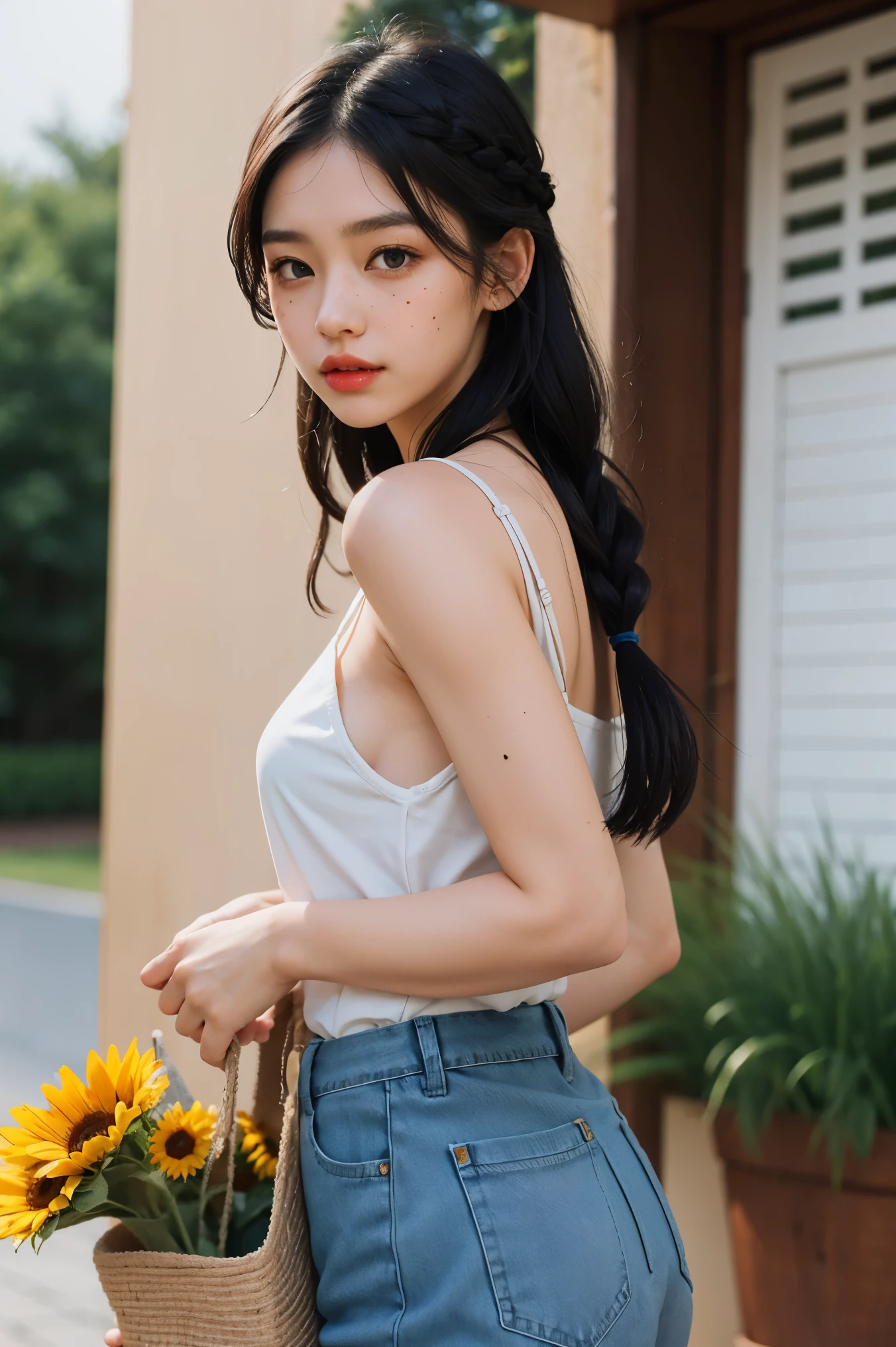 1girl, solo, flower, black hair, looking at viewer, braid, blurry background, blurry, denim, mole, long hair, freckles, holding, parted lips, black eyes, bouquet, lips, outdoors, camisole, sunflower, hair over shoulder