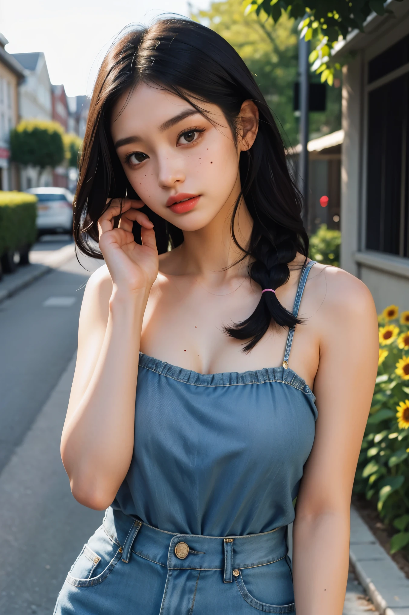 1girl, solo, flower, black hair, looking at viewer, braid, blurry background, blurry, denim, mole, long hair, freckles, holding, parted lips, black eyes, bouquet, lips, outdoors, camisole, sunflower, hair over shoulder