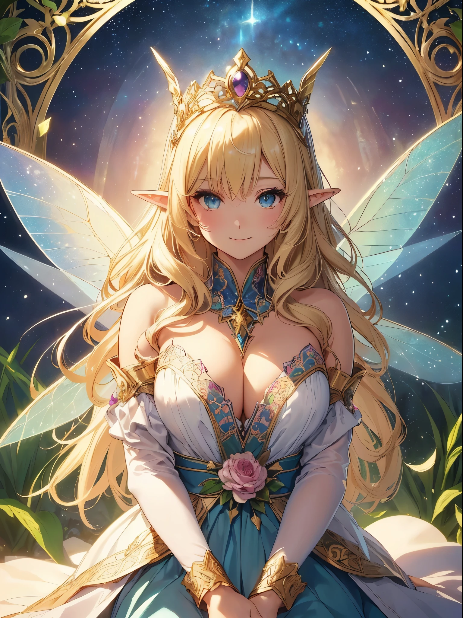 highest quality、fairy tale、world of picture books、Highest image quality、masterpiece、dynamic angle、bold composition、Titania、Super beautiful elf beauty((22 years old OL big bust、bust 90,beautiful long ironed hair、blonde、Height: 165cm。slender、Giant Butterfly々feather、fairy wings、Esbian、beautiful tiara、night、High quality、美しいart、background((starry ski)))muste piece、ビジュアルart、Depth of the bounds written、、elf ears、光のmagic、universe、A happy smile、gentle light、lanthanum、get lost、、ティッカー美しいdecoration的な、elegant、mystical　rosa、　heaven、beautiful dressy、beautiful dress、、giant galaxy、myth、ART、Lord of the Ring、friendly smile、Fantastic、mysteryの森、in the forest、magicの光、fantasy、flower、super REALITYたくさんの薔薇、magic、Nature、壮大なflower畑、、fantasy、hourglass、decoration、gold foil、mysteryの光、Art nouveau、alphonse　Mucha、、byzantine art、art、art,mystery,UHD,magicalgentle light,