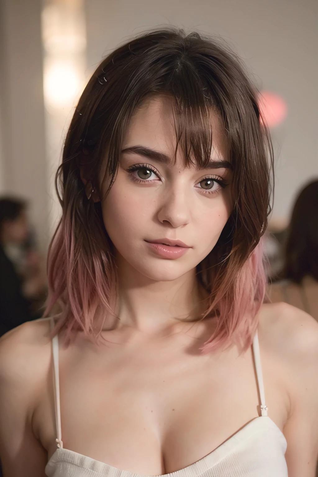 Captura la esencia de una escena cautivadora en un starbooks cafe de la ciudad de mexico: where a beautiful 20 year old woman, of small stature, con el cabello corto adornado con puntas rosadas. evoking the aesthetics of celebrities such as Lily Collins and Ana de Armas, conocidas por sus distintivos peinados rosados. Su cabello, a fusion of bright and pastel tones, cae alrededor de ella, creating an ethereal aura that enhances your beauty. 
