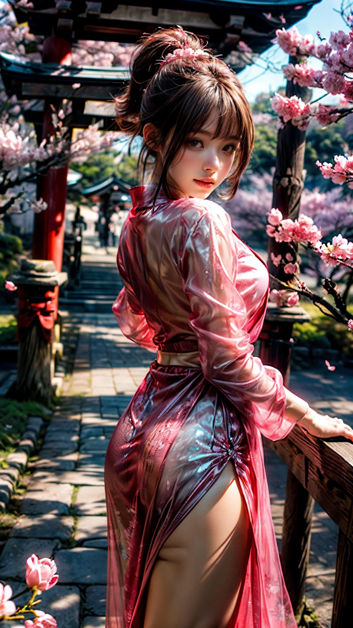 masterpiece、highest quality、High resolution、realistic、High resolution、RAW photo、(Approximately 50 pink flowers blooming on a tree with the shrine's torii gate in the background, cherry blossomsの花s in the wind, background cherry blossoms, background cherry blossoms, cherry blossomsの花, cherry blossomsの花s, cherry blossomsの花 tree, cherry blossomsの花 falling, cherry blossoms, cherry blossoms, cherry blossomsの花 trees, sakura bloomimg, cherry blossomsの花 rain everywhere)、((1 girl, cherry blossomsの木の下に立つ若い女性の後ろ姿, ponytail, shiny skin, realistic skin texture, she is wearing a white dress, correct hands and fingers, big breasts, big ass)), ((long sleeve, long skirt, see-through dress, hair accessory:1.3))、