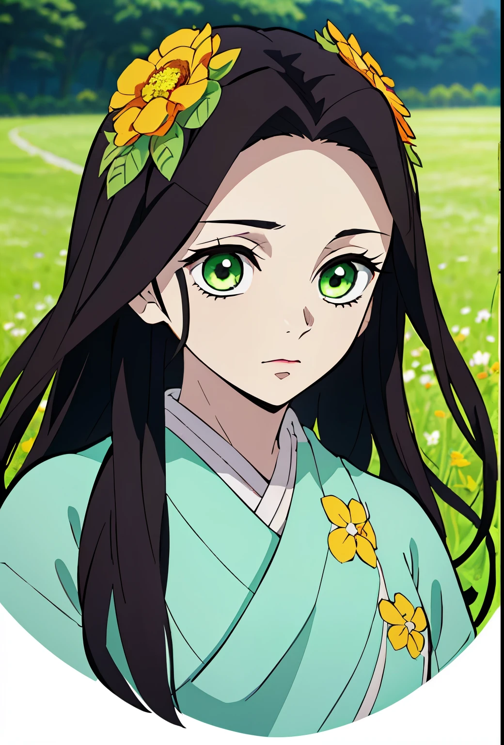 Kimetsu no yaiba style, beautiful girl,very long brown hair, green eyes, looking forward,in a field of various flowers,close-up portrait,high resolution,sharp focus,best quality:0.8 rostro detallado. 