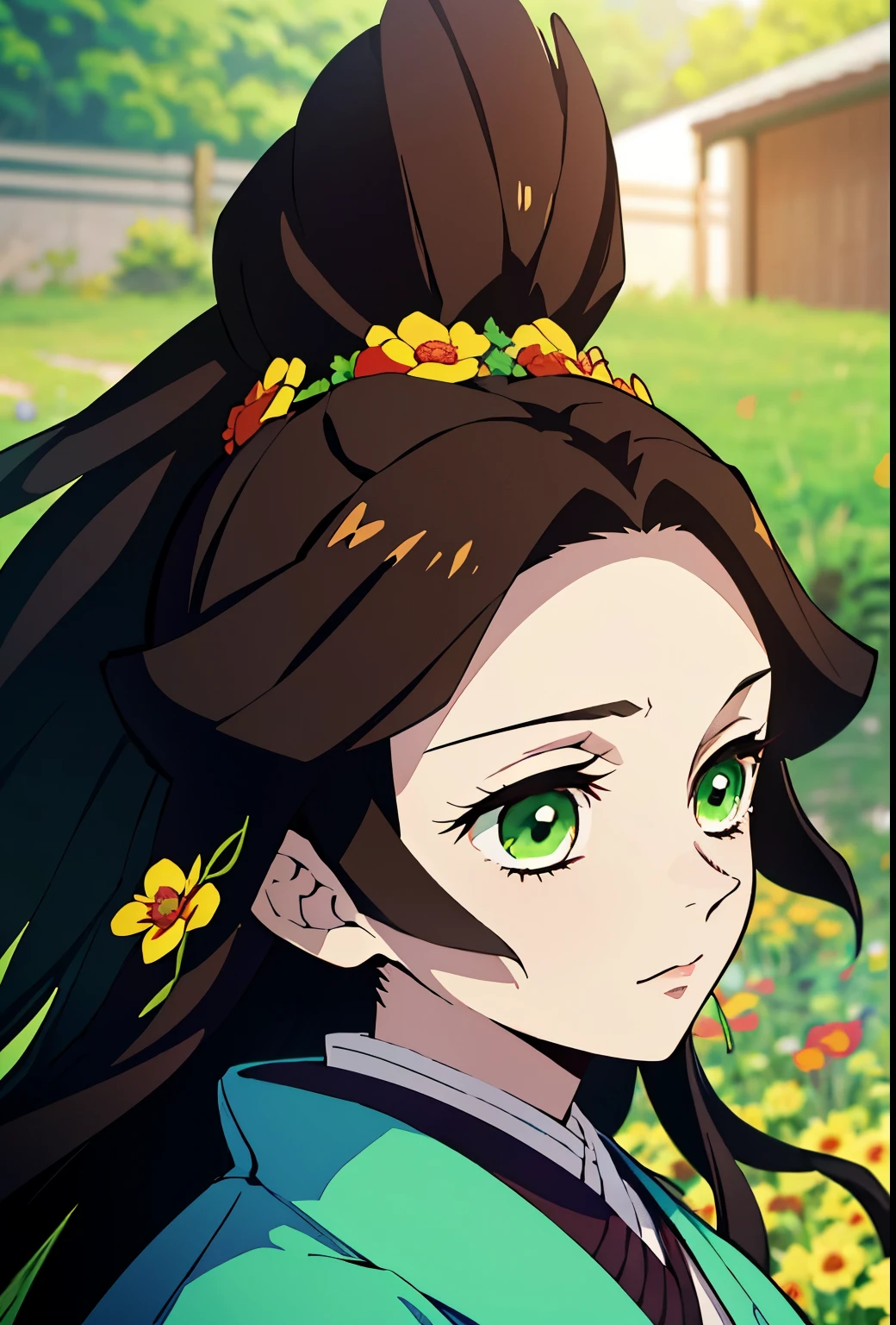 Kimetsu no yaiba style, beautiful girl,very long brown hair, green eyes, looking forward,in a field of various flowers,close-up portrait,high resolution,sharp focus,best quality:0.8 rostro detallado.