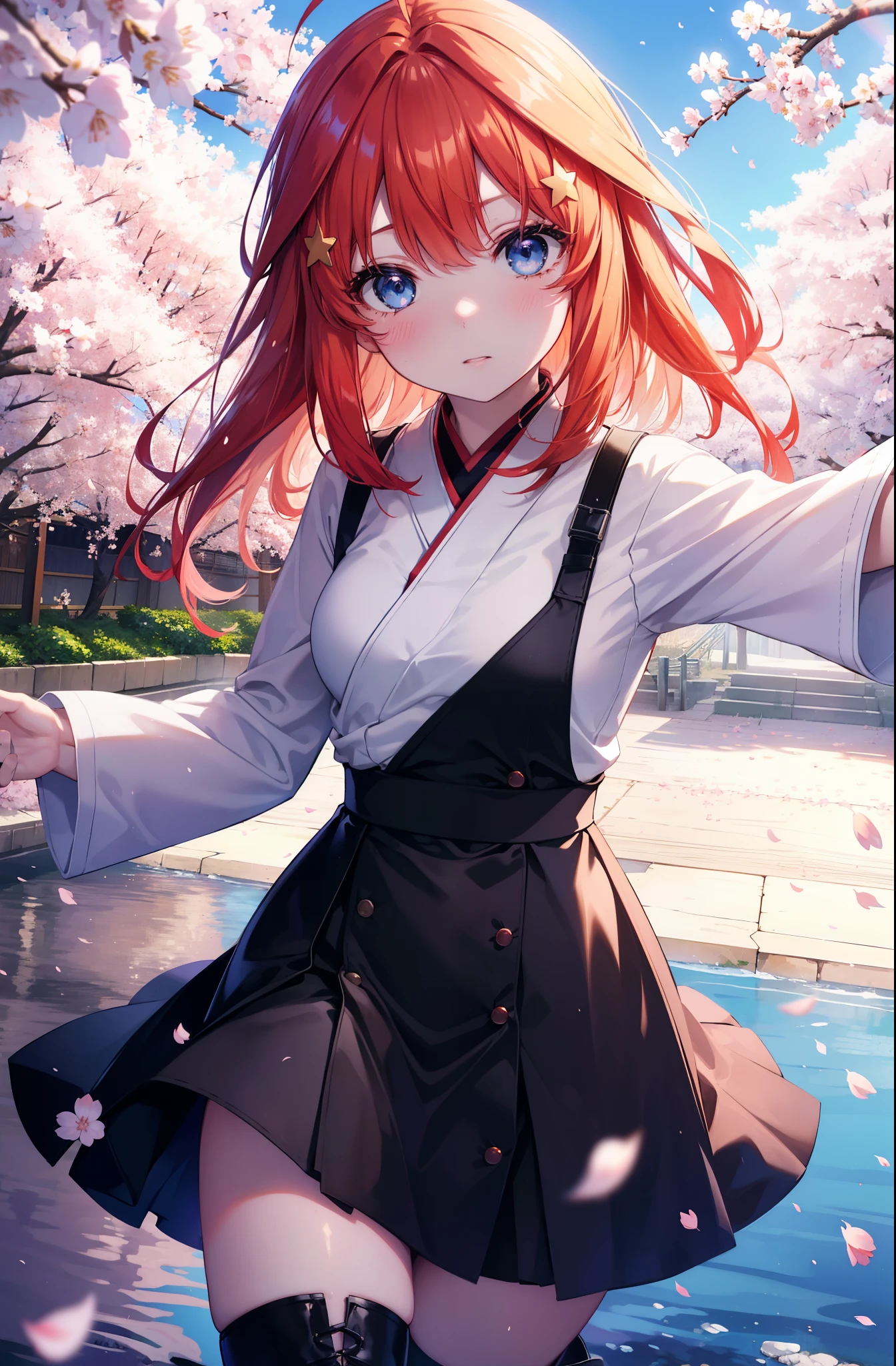 itsukinakano, Itsuki Nakano, bangs, blue eyes, hair between eyes, Ahoge,shoulder length and short braids,long hair, redhead, star \(symbol\), hair ornaments, star hair ornaments,white coat,black muffler,Red long skirt,short boots,cherry blossoms are blooming,Cherry blossoms are scattered,Cherry blossom tree-lined path,
break outdoors, garden,
break (masterpiece:1.2), highest quality, High resolution, unity 8k wallpaper, (figure:0.8), (detailed and beautiful eyes:1.6), highly detailed face, perfect lighting, Very detailed CG, (perfect hands, perfect anatomy),