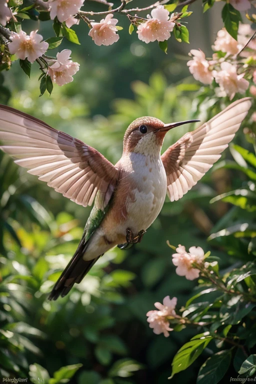 (best quality,4k,8k,highres,masterpiece:1.2),ultra-detailed,(realistic,photorealistic,photo-realistic:1.37),hummingbird in slow motion,bright flower,natural colors,soft lighting,exquisite details,delicate feathers,sunlit garden,floral paradise,colibri bird in flight,glistening petals,lush greenery,ethereal atmosphere,vivid pink and orange tones,serene and peaceful setting,dainty wings,delightful motion,captivating bird's-eye view,hummingbird in mid-air pause,precise wing movements,intricate flower patterns,delicately curved beak,gentle breeze,radiant sunshine,tiny droplets of nectar,fragrant blossoms,artistic botanical scene,graceful fluttering,emerald green leaves,petals reaching towards the sky,tranquil ambiance,exotic avian beauty,lively and vibrant aesthetics,meticulously captured moment,unveil the beauty of flight and nature,hummingbird's graceful ballet,soaring through a sea of blossoms.