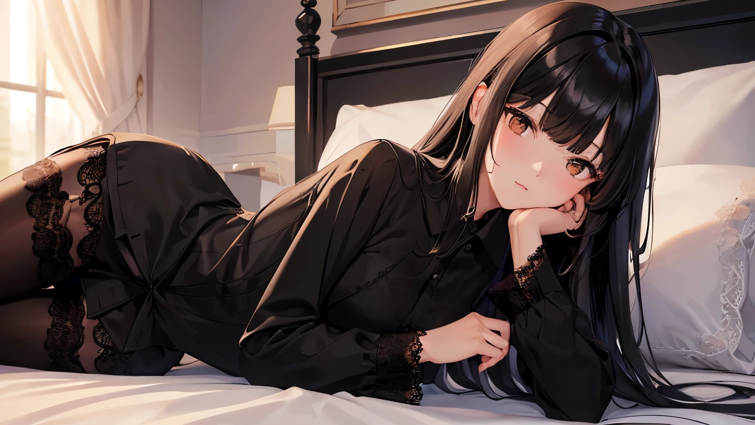 best quality, highres,Slender、brown eyes、tall、(bangs bangs:1.5)、long hair,straight hair、Hotel、dark room、lying on the bed、19 years old、(Thin black long-sleeved shirt with lace:1.5)、black hair