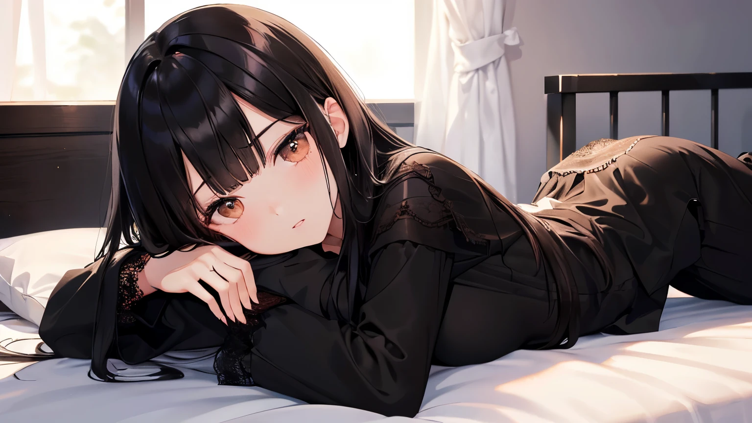 best quality, highres,Slender、brown eyes、tall、(bangs bangs:1.5)、long hair,straight hair、Hotel、dark room、lying on the bed、19 years old、(Thin black long-sleeved shirt with lace:1.5)、black hair