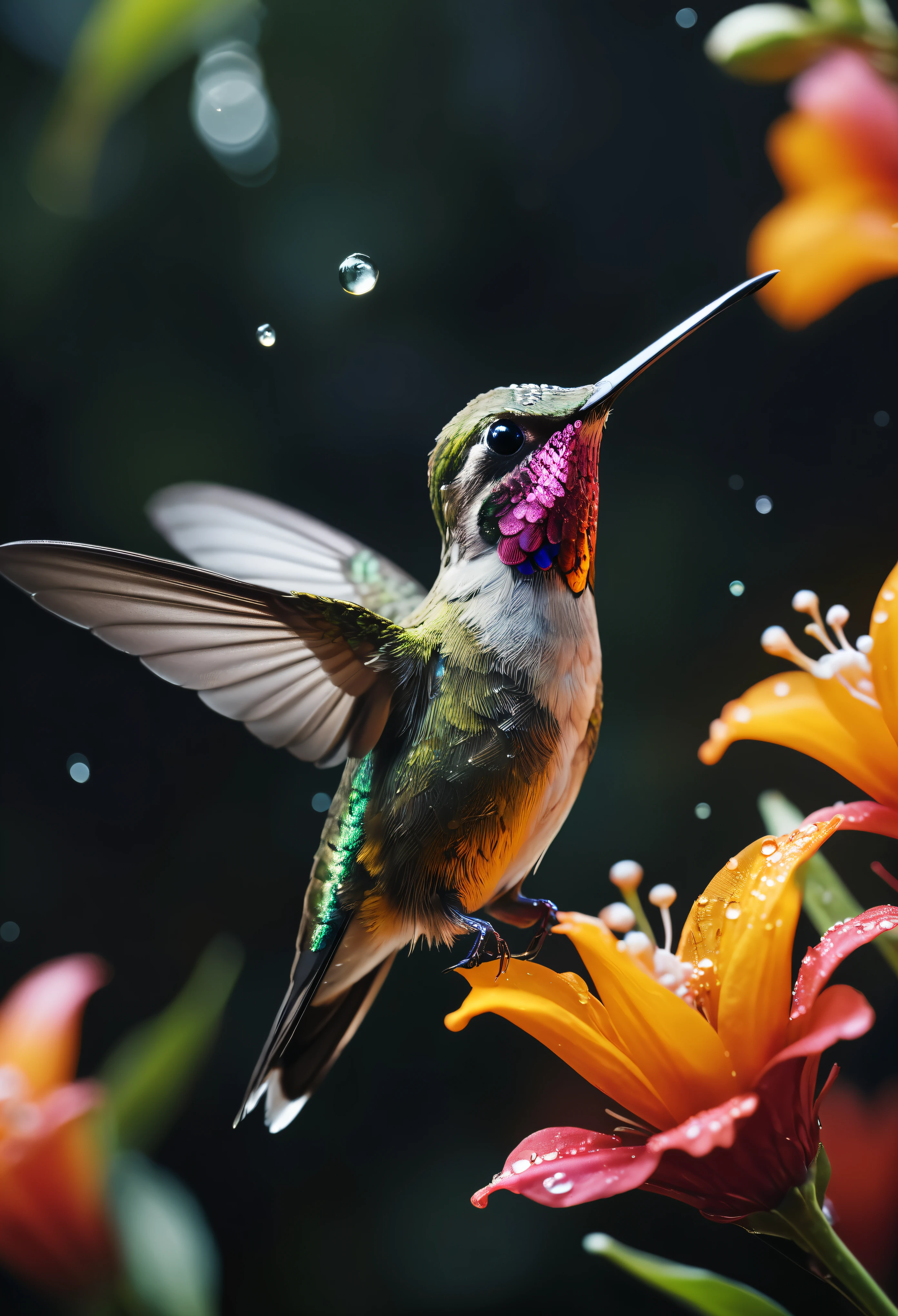 ((Masterpiece in maximum 16K resolution):1.6),((soft_color_photograpy:)1.5), ((Ultra-Detailed):1.4),((Movie-like still images and dynamic angles):1.3), ((motion blur):1.2) | (Macro shot cinematic photo of a Exotic Hummingbird at a flower), (hummingbird wrist flick), (macro lens), (pollen), (dewdrops), (shimmer), (visual experience) ,(Realism), (Realistic),award-winning graphics, dark shot, film grain, extremely detailed, Digital Art, rtx, Unreal Engine, scene concept anti glare effect, All captured with sharp focus.