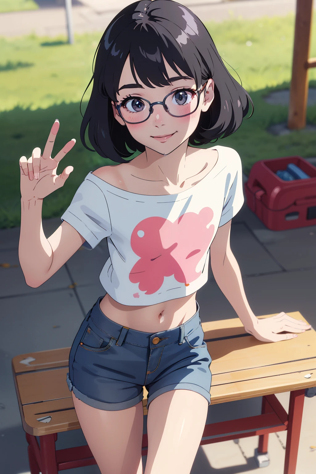 Default(super flat, flat shading), 1 girl, I'm ,baby face,smer,(naked),With shoulder-length black hair、Bangs are straight above the eyebrows,very short stature,very thin limbs,Glasses,strong sunlight,positive,small,petya pie、Accurate and detailed reproduction of extremely thin thighs,distressed denim mini skirt,belly button,printed t-shirt,The shirt is rolled up,open fly,detailed clean cracks,small ,school playground,smile,(Always accurate, Detailed and clean fingers:1.3),blush very much,summer vacation,bright,bright色, anime style picture, ghibli style