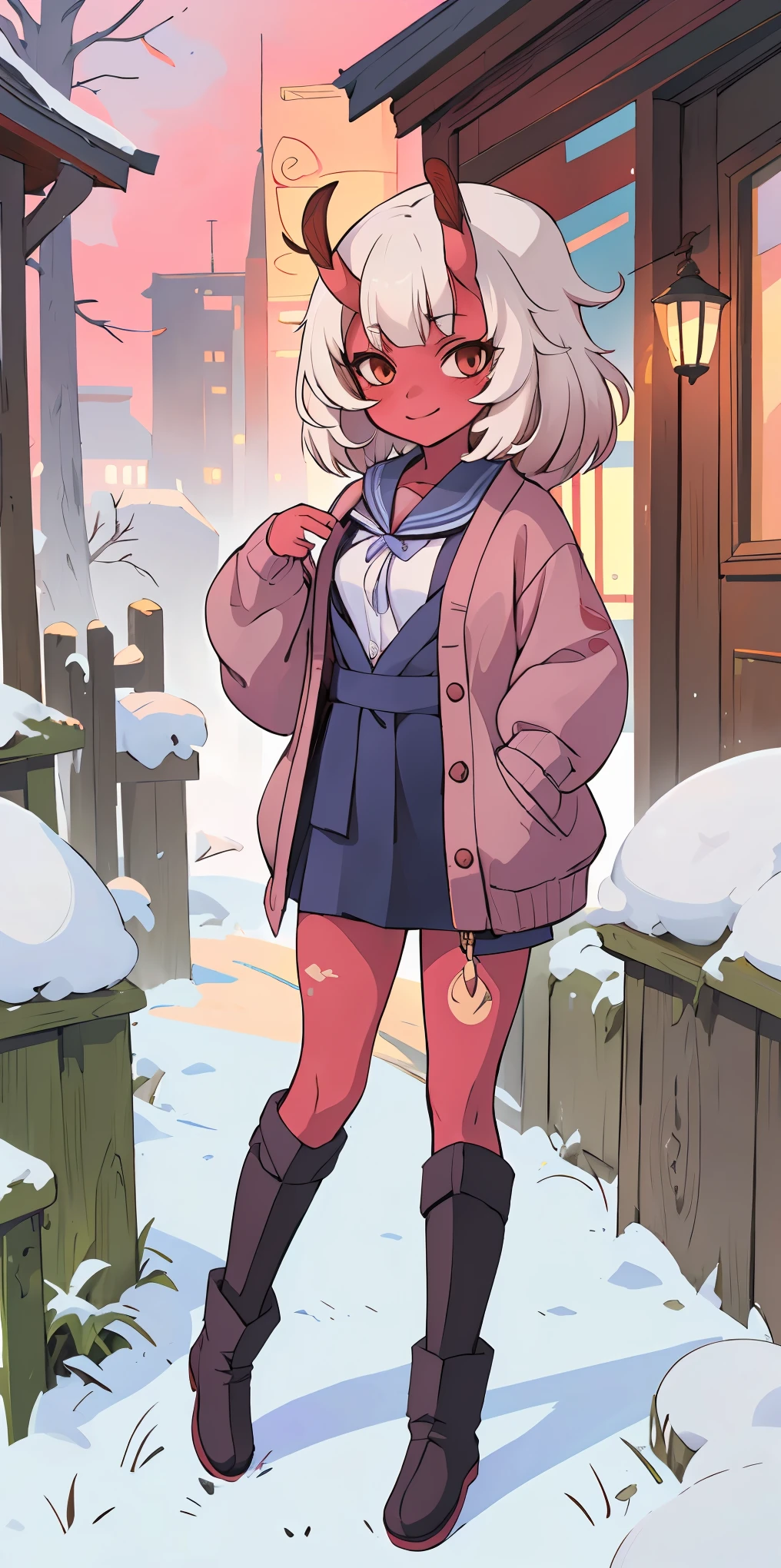 (masterpiece:1.2), best quality, highres, original, (extremely detailed:1.2), ultra-detailed, perfect lighting,(extremely detailed CG:1.2), 8k, anime illustration, 1girl, solo, lustful smirking smile face red cheeks, (winter outfit:1.2), STANDING STRAIGHT SYMMETRICAL LOOKING TO THE CAMERA, (knit cardigan:1.1), (bowknot on cardigan:1.25), knee-length skirt, (Ruffled hemline:1.3), winter boots, {delicate|detailed}clothes, (anatomically correct:1.34), close-up, full-body, looking at viewer, frontal, snowy street, (streetlight:1.17), NO background, unity 4k