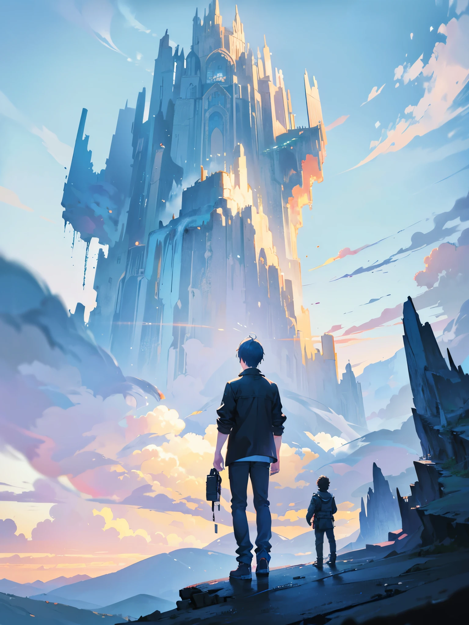 1 boy, standing, not looking at the viewer, showing the viewers his back, wearing normal casual clothes, fantasy world, a huge, magestic, above a mountain, not able to see the whole structure, half of it is beyond clouds, a mountain in front of him, reaching beyond the sky, camera looking towards the sky