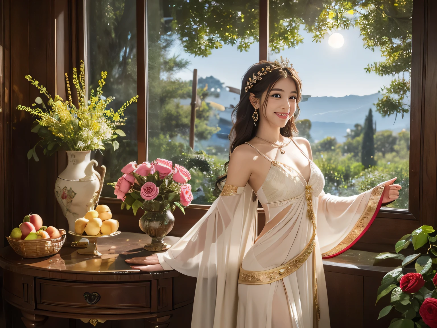 Giorgione painting style,roses in vase、fruits、Cute trinkets、smile、ancient greek costume、Clothes that stretch your shoulders、A big smile、Female singer holding sheet music in both hands,Giorgione painting style,roses in vase、fruits、Cute trinkets、smile、ancient greek costume、Background is a forest lake at night 、Clothes that stretch your shoulders、A big smile、beautiful bare skin,moonlight