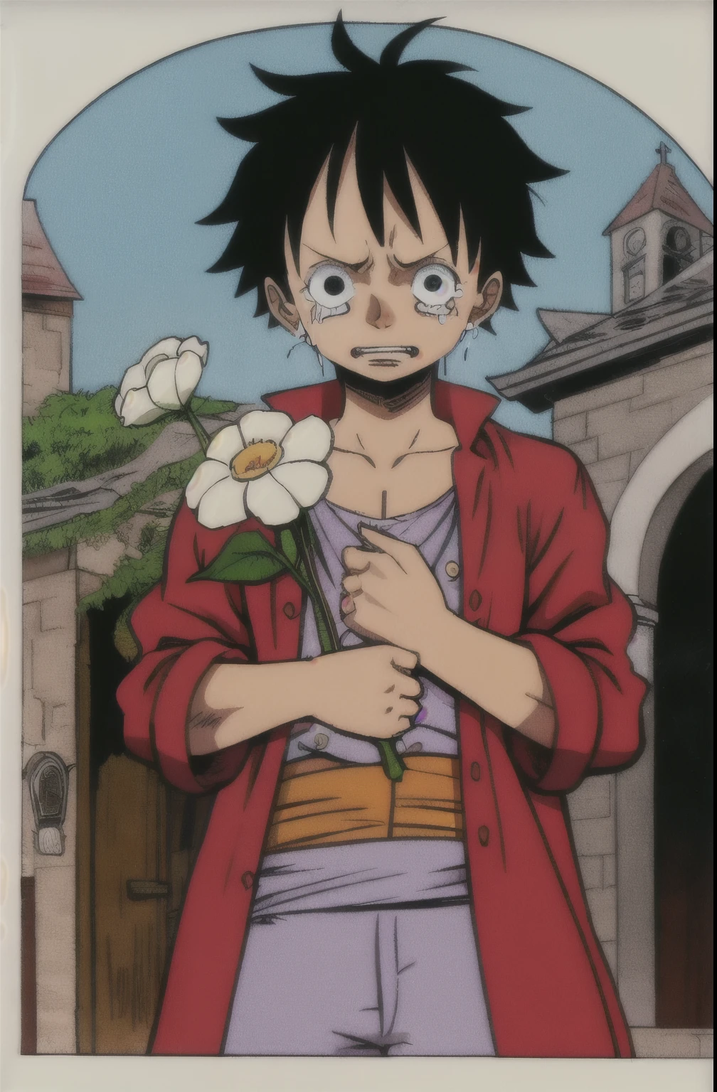 90s color comic style，One Piece character luffy，he is crying，hand holding white flower，church background，