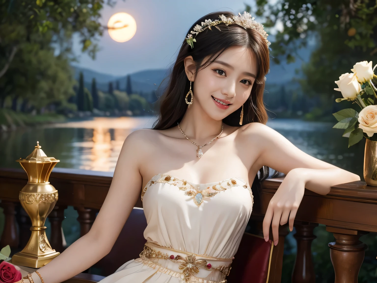 Giorgione painting style,roses in vase、fruits、Cute trinkets、smile、ancient greek costume、Clothes that stretch your shoulders、A big smile、Female singer holding sheet music in both hands,Giorgione painting style,roses in vase、fruits、Cute trinkets、smile、ancient greek costume、Background is a forest lake at night 、Clothes that stretch your shoulders、A big smile、beautiful bare skin,moonlight