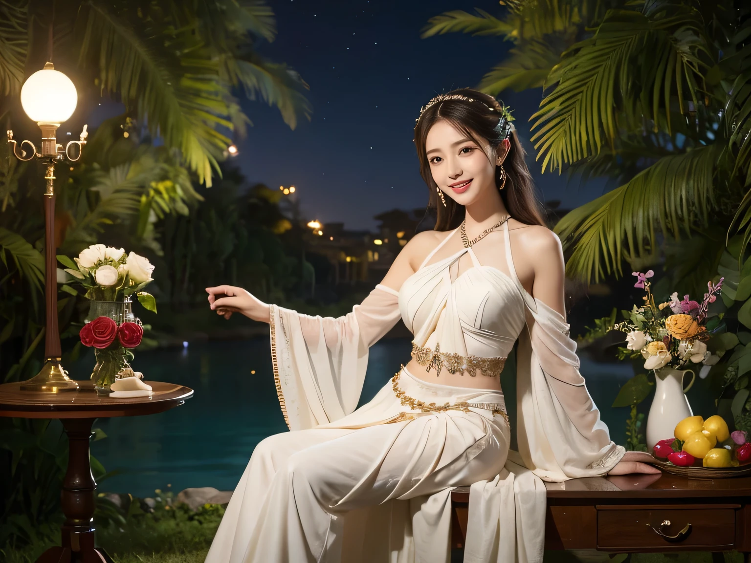 Giorgione painting style,roses in vase、fruits、Cute trinkets、smile、ancient greek costume、Clothes that stretch your shoulders、A big smile、Female singer holding sheet music in both hands,Giorgione painting style,roses in vase、fruits、Cute trinkets、smile、ancient greek costume、Background is a forest lake at night 、Clothes that stretch your shoulders、A big smile、beautiful bare skin,moonlight