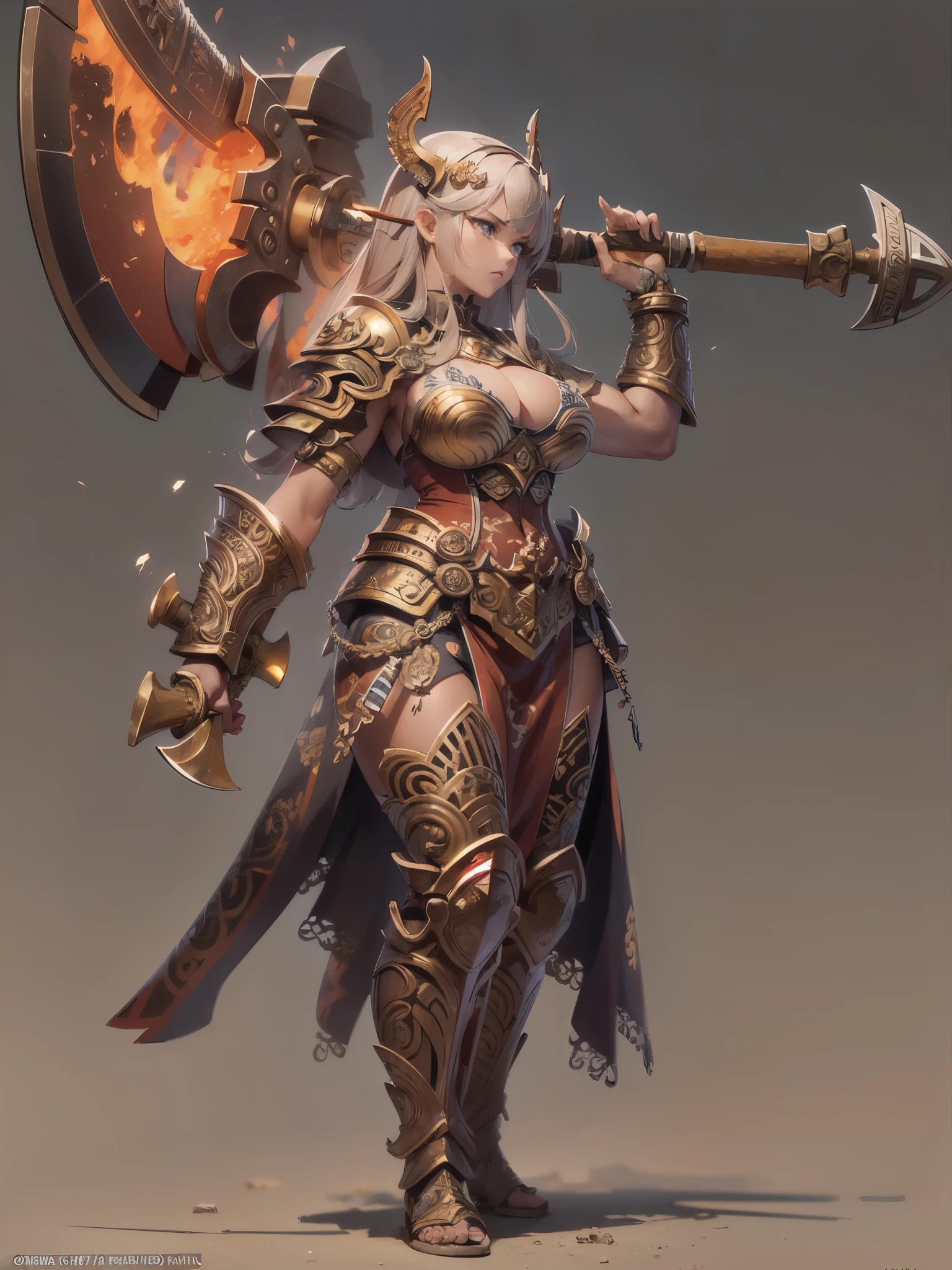 ((highest quality)),(ultra high resolution),(Super detailed),(detailed description),((best CG)),(best work of art),super precision art,amazing drawing art,(Art with precise details:1.5), (female war god:1.6),(beautiful trained body:1.5),angry face:1.7,(Intricately detailed carved fiery armor:1.6,riveting:1.2),(Standing quietly with a huge ax:1.6), huge bonfire:1.7,falling sparks:1.8