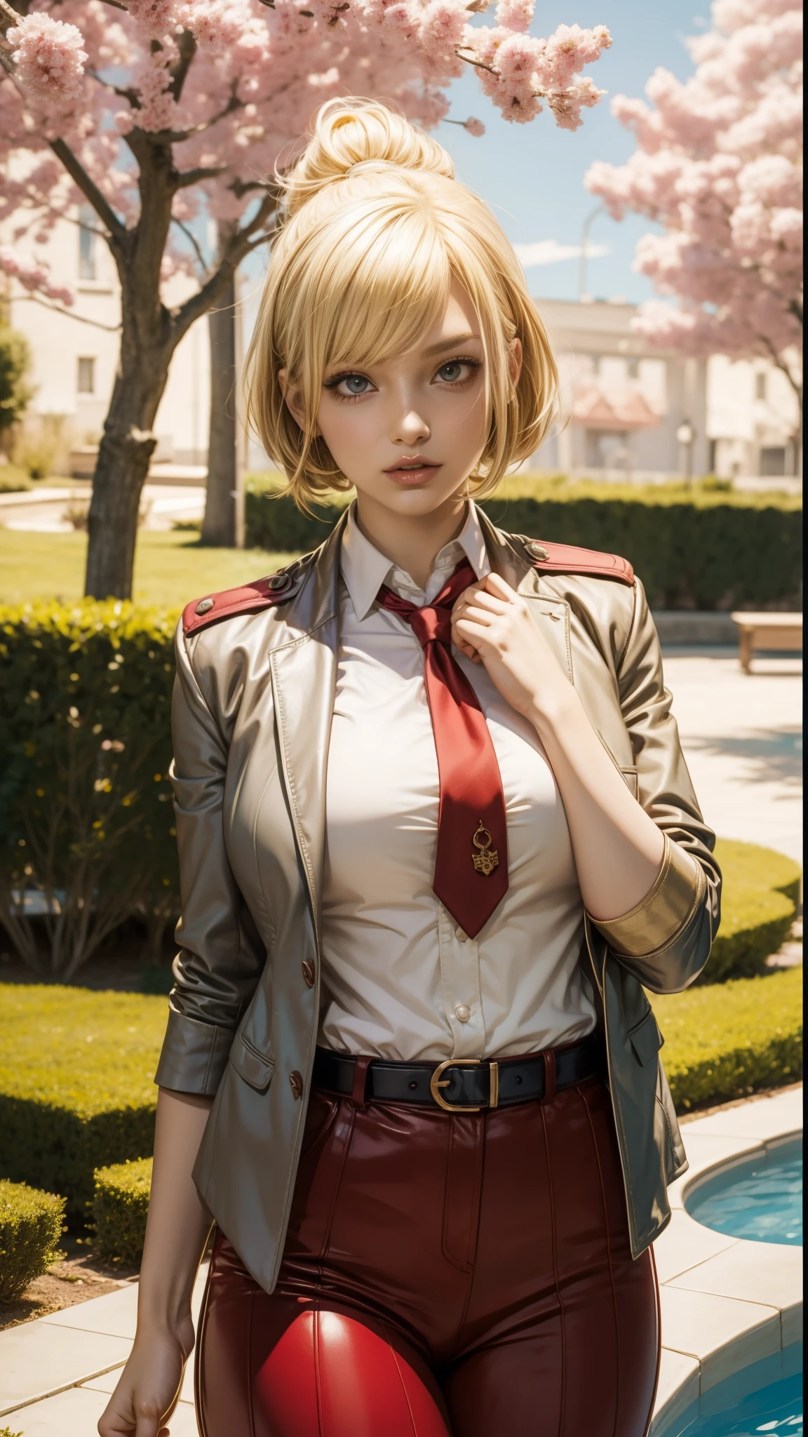 anime character with blonde hair and red pants standing in front of a pool, female protagonist 👀 :8, jk uniform, makoto shinka, ann takamaki from persona 5, girl wearing uniform, makoto kano, rin, yandere. tall, akane owari danganronpa, inspired by Li Chevalier, red uniform, shikamimi