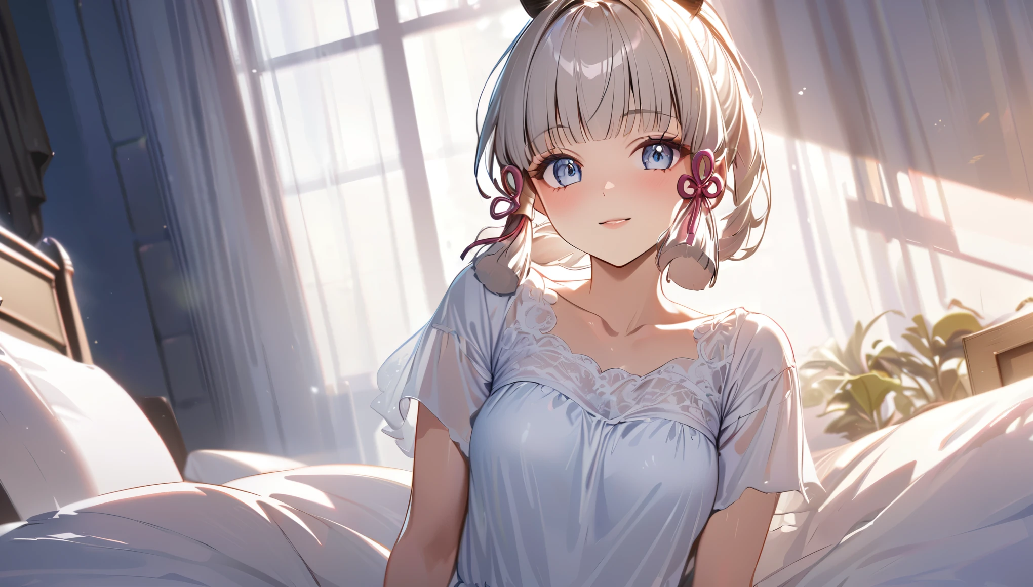 Ayaka,((golden hair)), fox ears,beautiful face,smiling,close up to hips, moderate breast,sitting on a bed,wearing white sleepwear, (open mouth:0.4),illustration,detailed textures,ultra-detailed(realistic),portrait style,vivid colors,soft lighting.