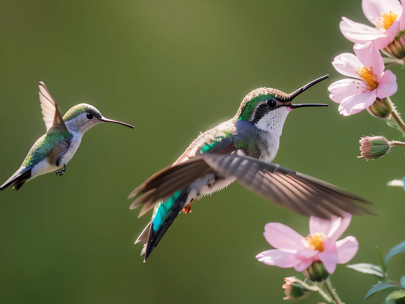 there is a hummingbird that is flying around a flower, hummingbird, hummingbirds, in flight, bee hummingbird, stroll in the air, eat snack, by Linda Sutton, stroll, stroll indecision, author：Dave Melvin, surrounded by flowers, wildlife photo, nature photos, focused photo, Beautiful and elegant, brown tail, smooth chin, women rise